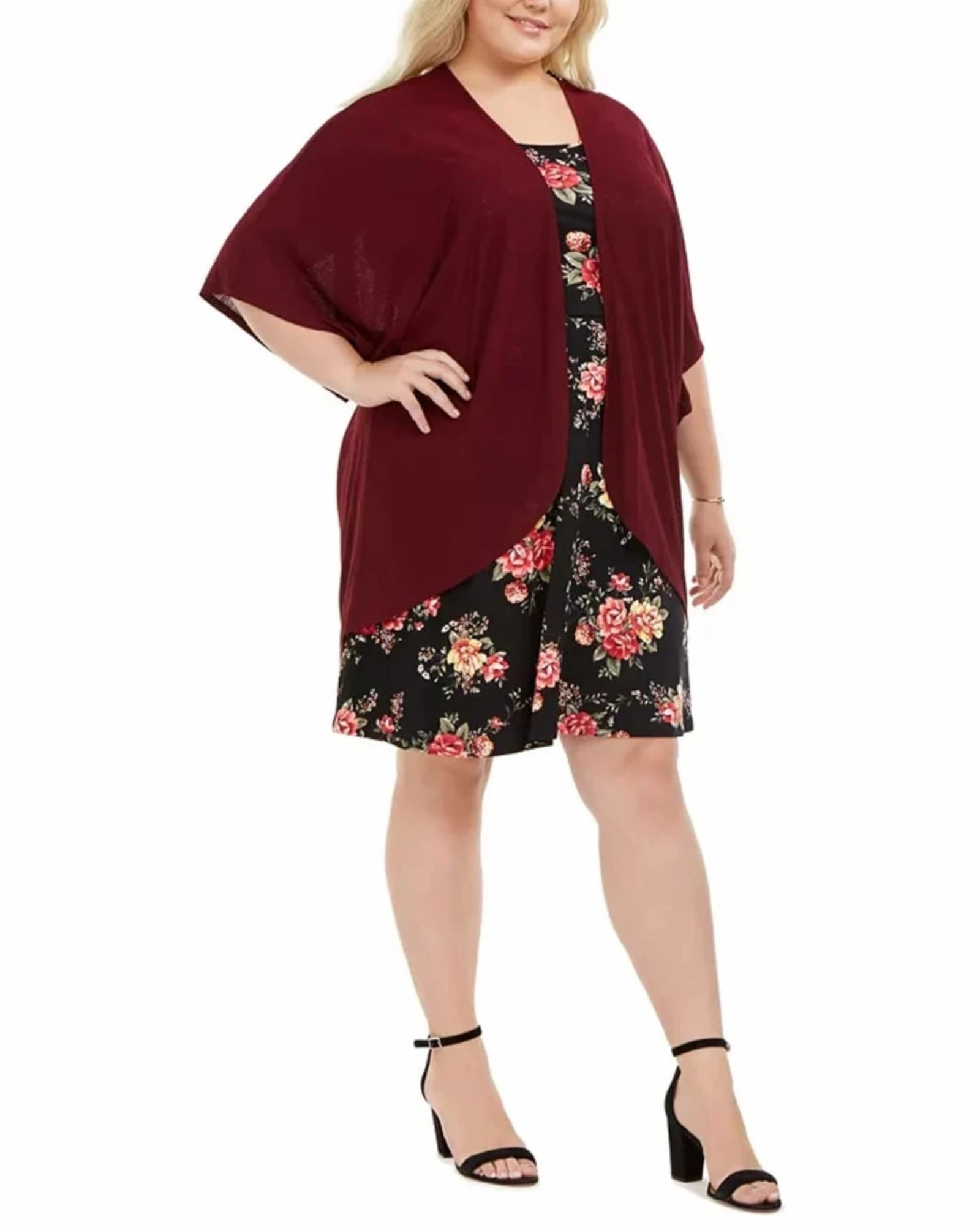 Love Squared Women's Plus Open Front Jacket & Floral Print Dress Wine Size 3X | Red Trail Utility