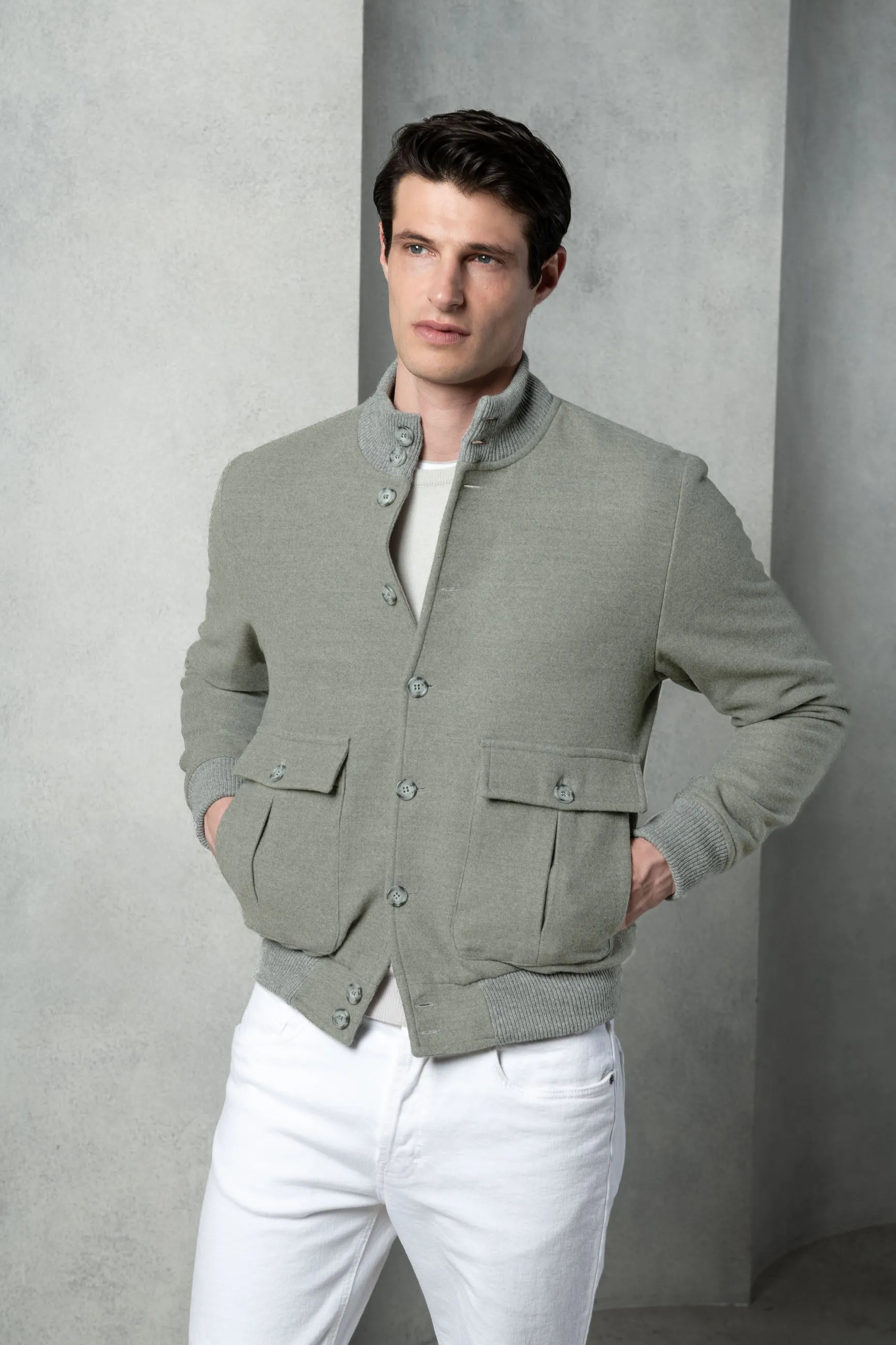 Adjustable Hood Feature AntiStatic Inner Layer Sage Super 180's wool flannel bomber jacket ?C Made in Italy