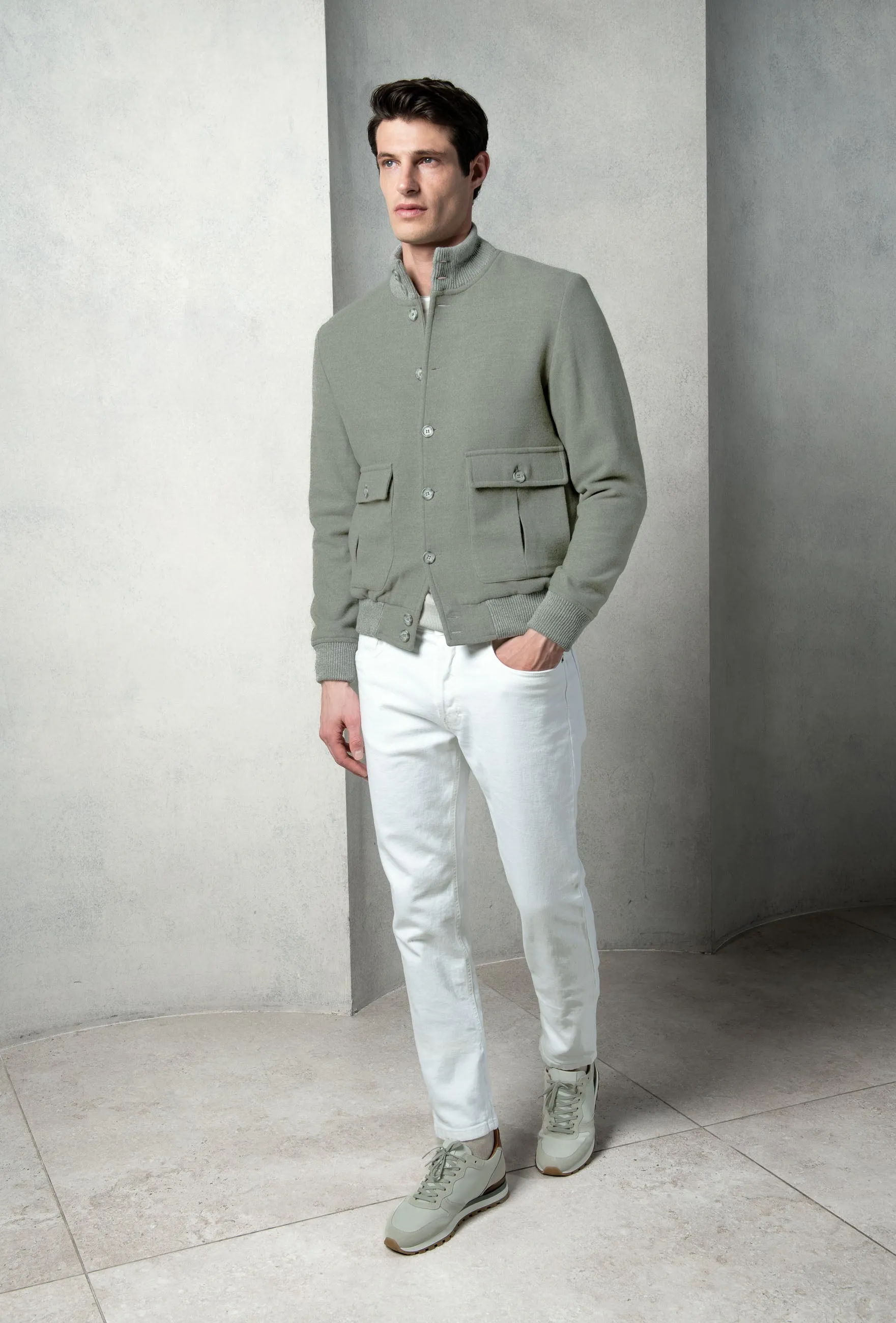 Lightweight Thermal Tech Sage Super 180's wool flannel bomber jacket ?C Made in Italy