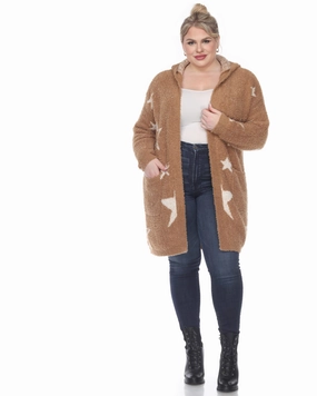 Hooded Open Front Sherpa Coat | Camel/White Stars Template