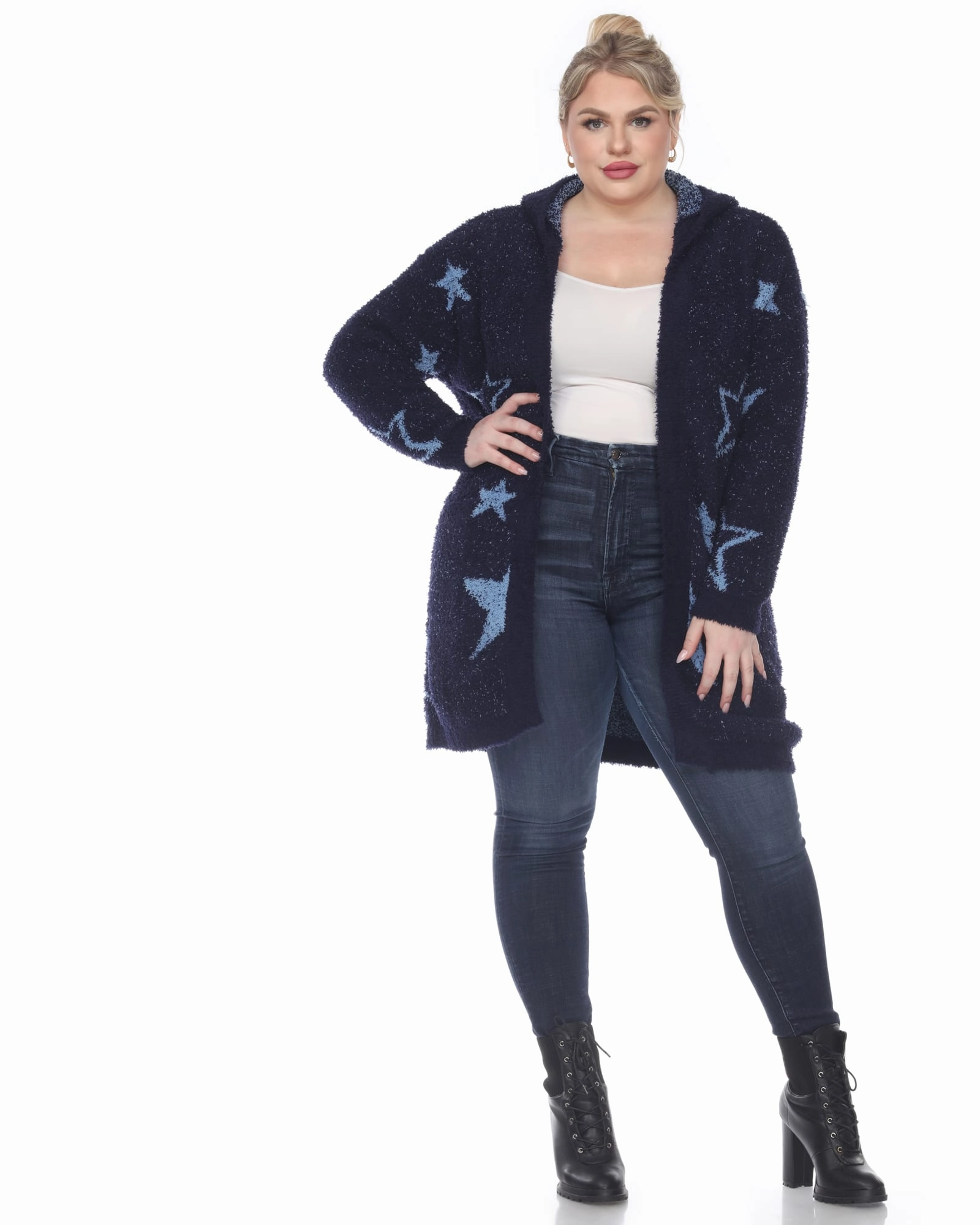 Prom Casual Outdoor Layer Hooded Open Front Sherpa Coat | Navy/Light Blue Stars