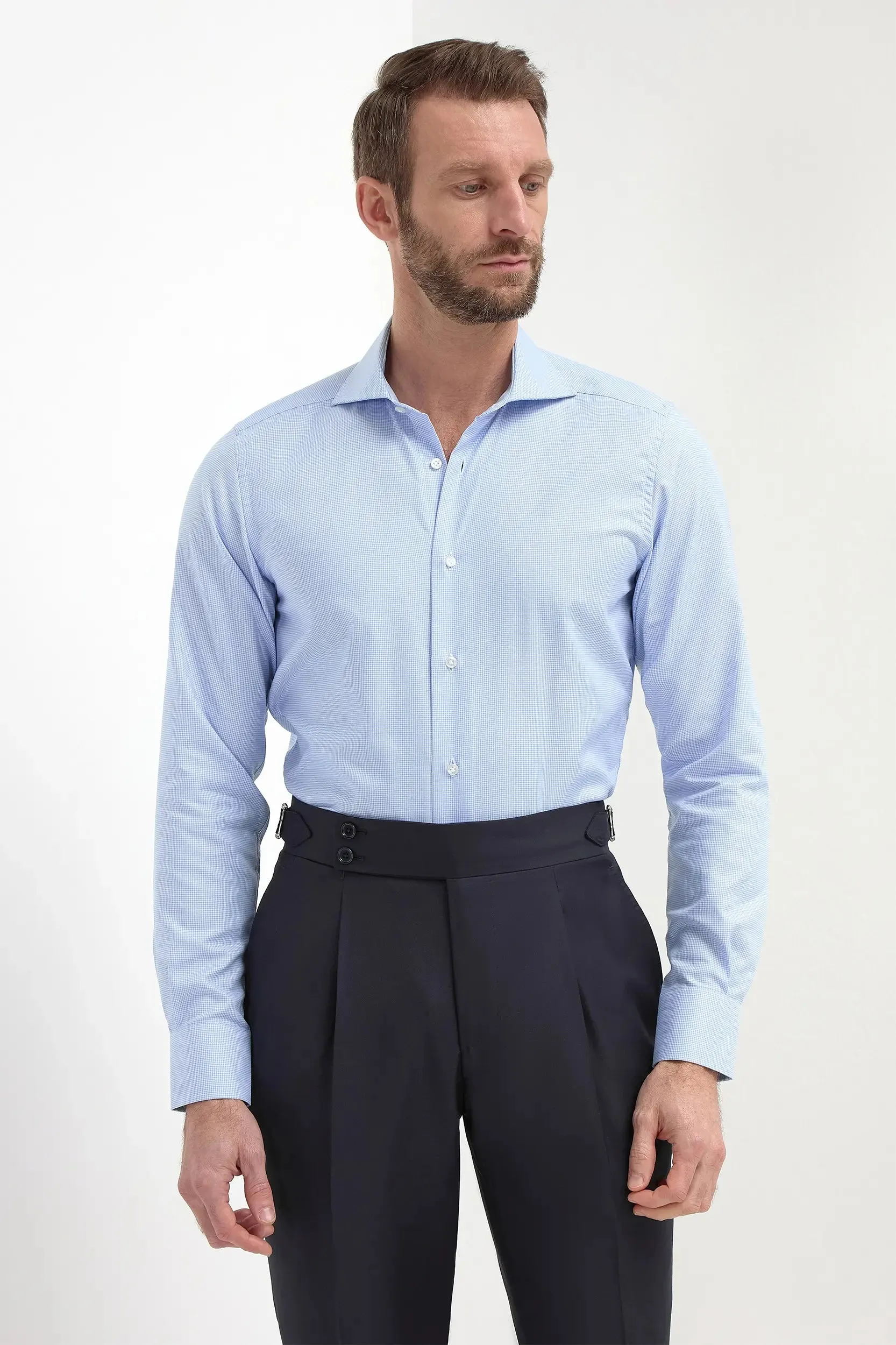 Wrinkle Resistant Sporty Style Houndstooth Light Blue Shirt - Made in Italy