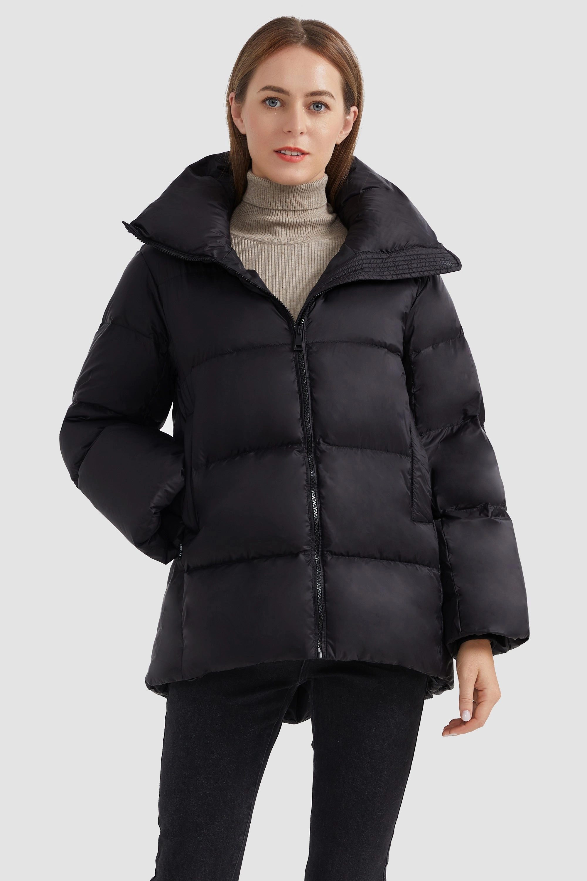 Slim Silhouette Zipper Front Puffer Down Coat