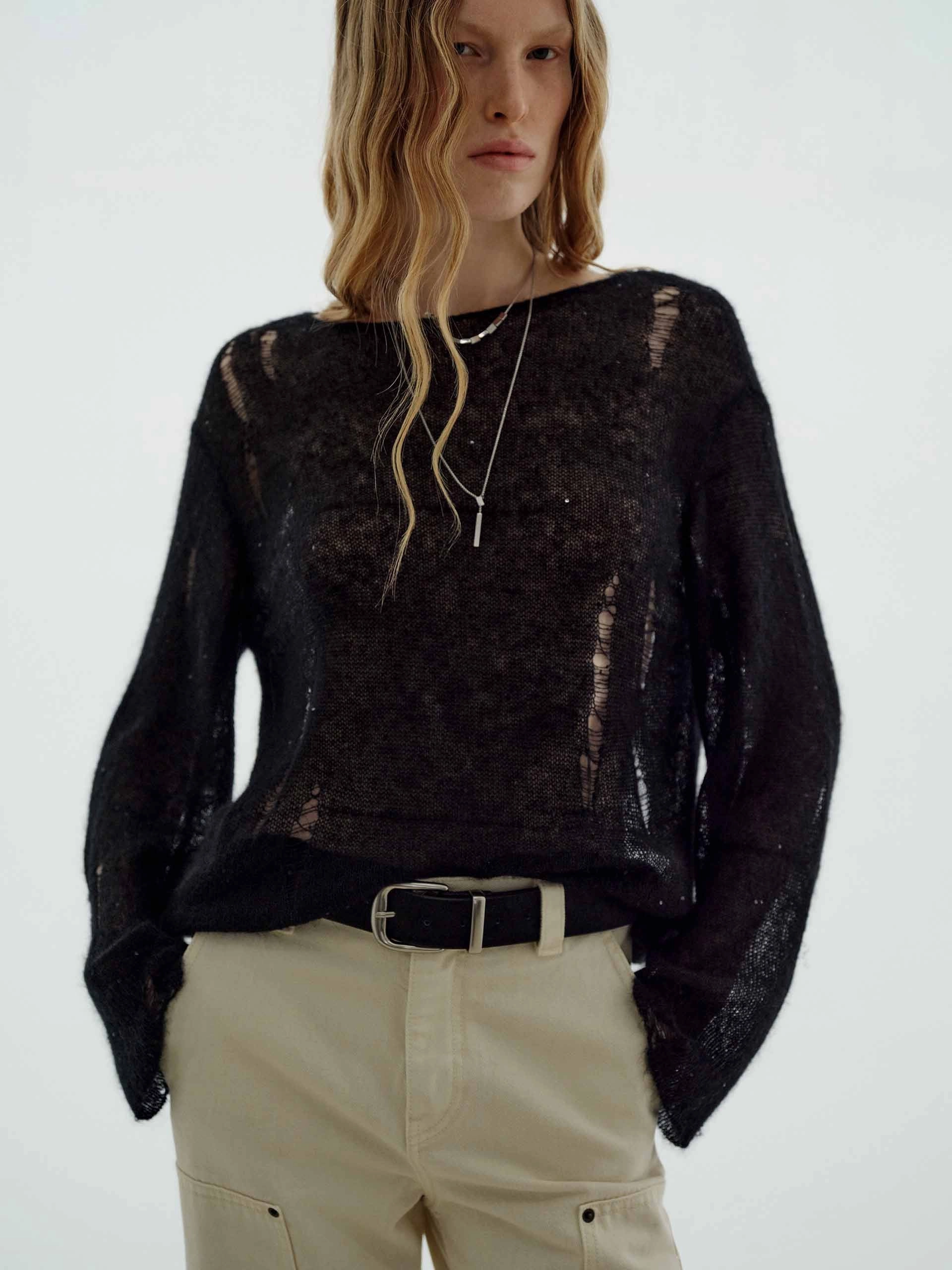 Ripped Detail Sequin Sweater Functional Knit