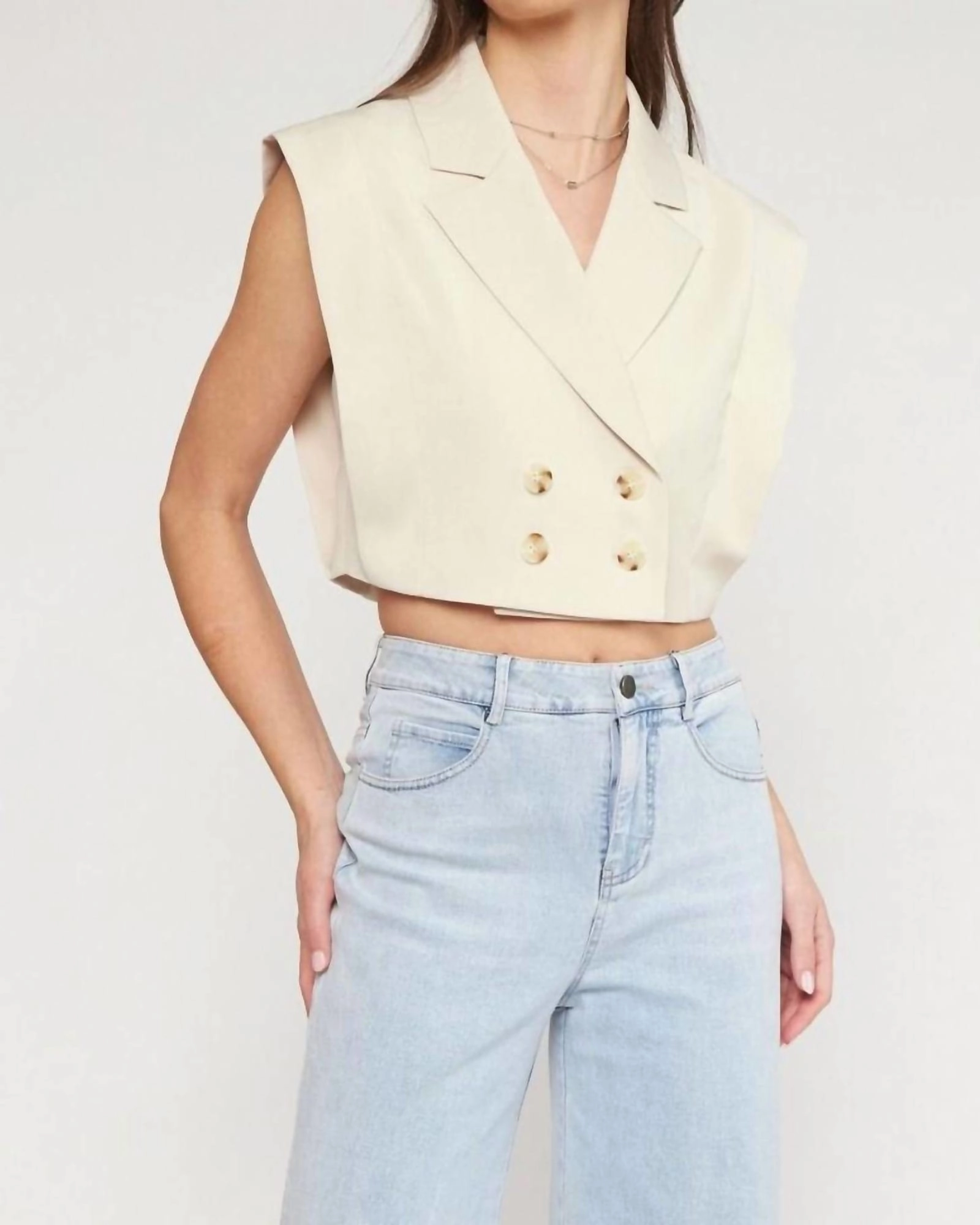 Train Double Breasted Cropped Vest in Natural | Natural