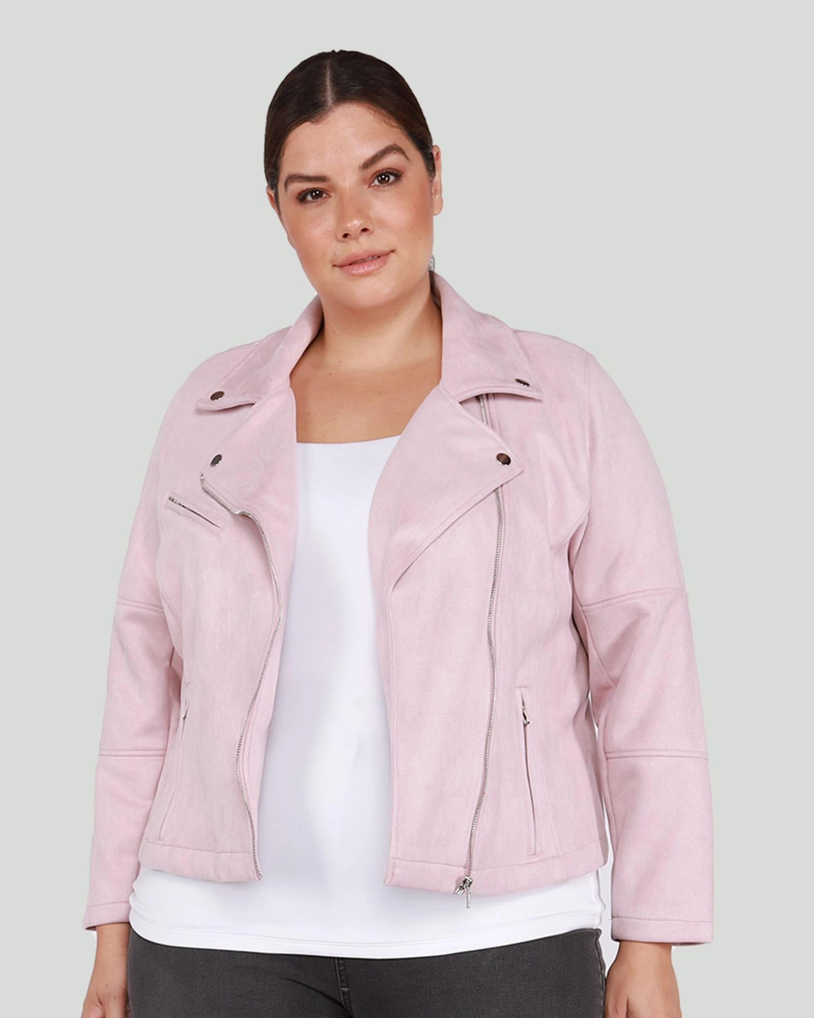 Ergonomic Shoulder Panels Izzie Faux Suede Moto Jacket | Petal Pink
