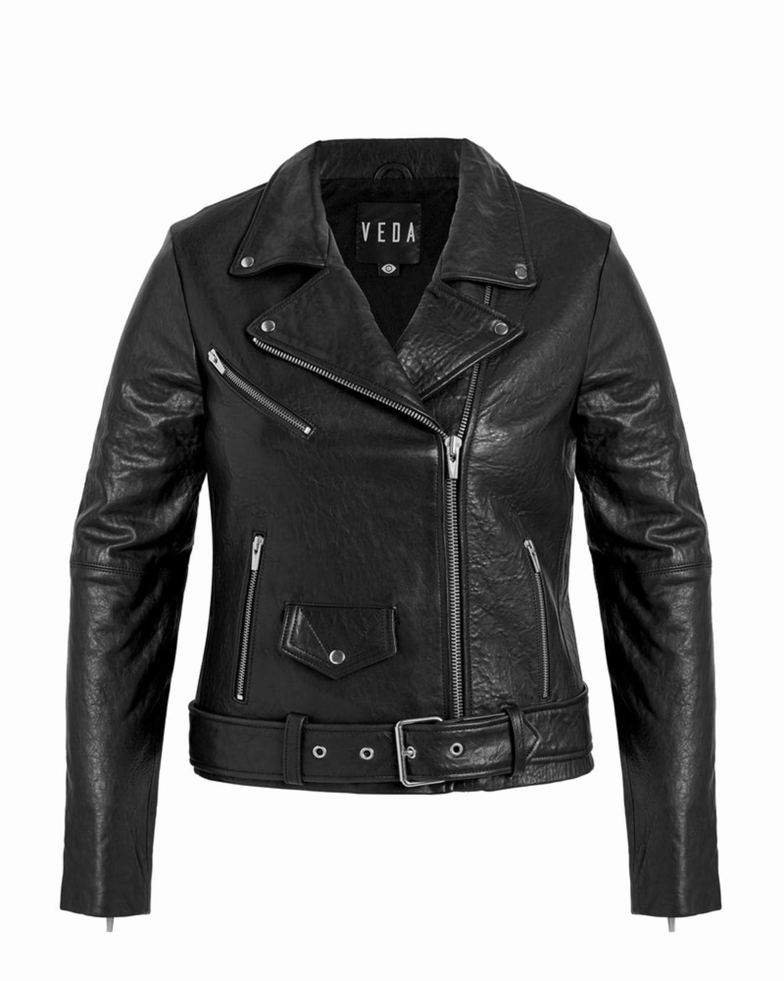 Jayne Biker Leather Jacket | Black Zippered Pockets