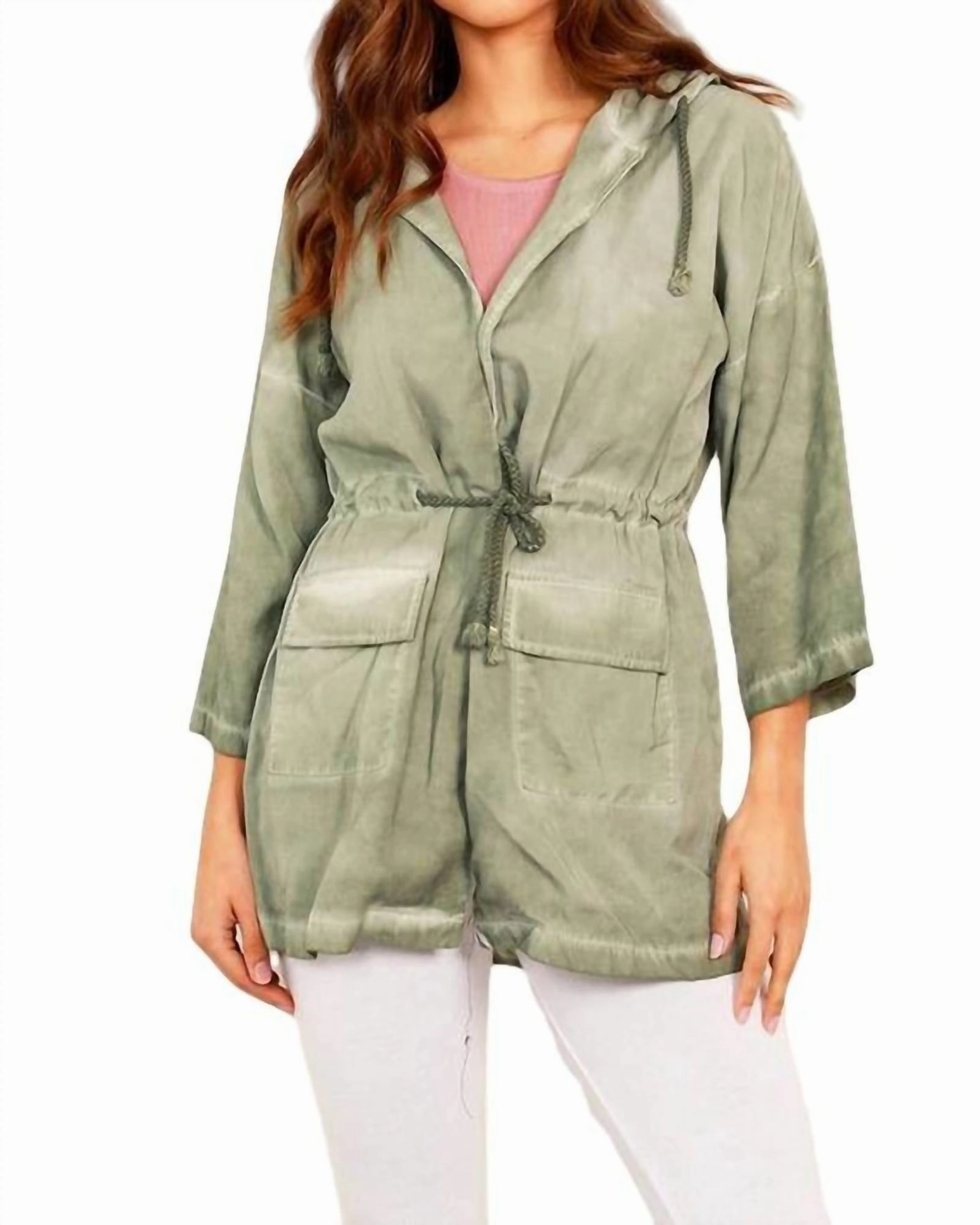 Card Jennifer Hooded Long Trench Coat in Olive | Olive