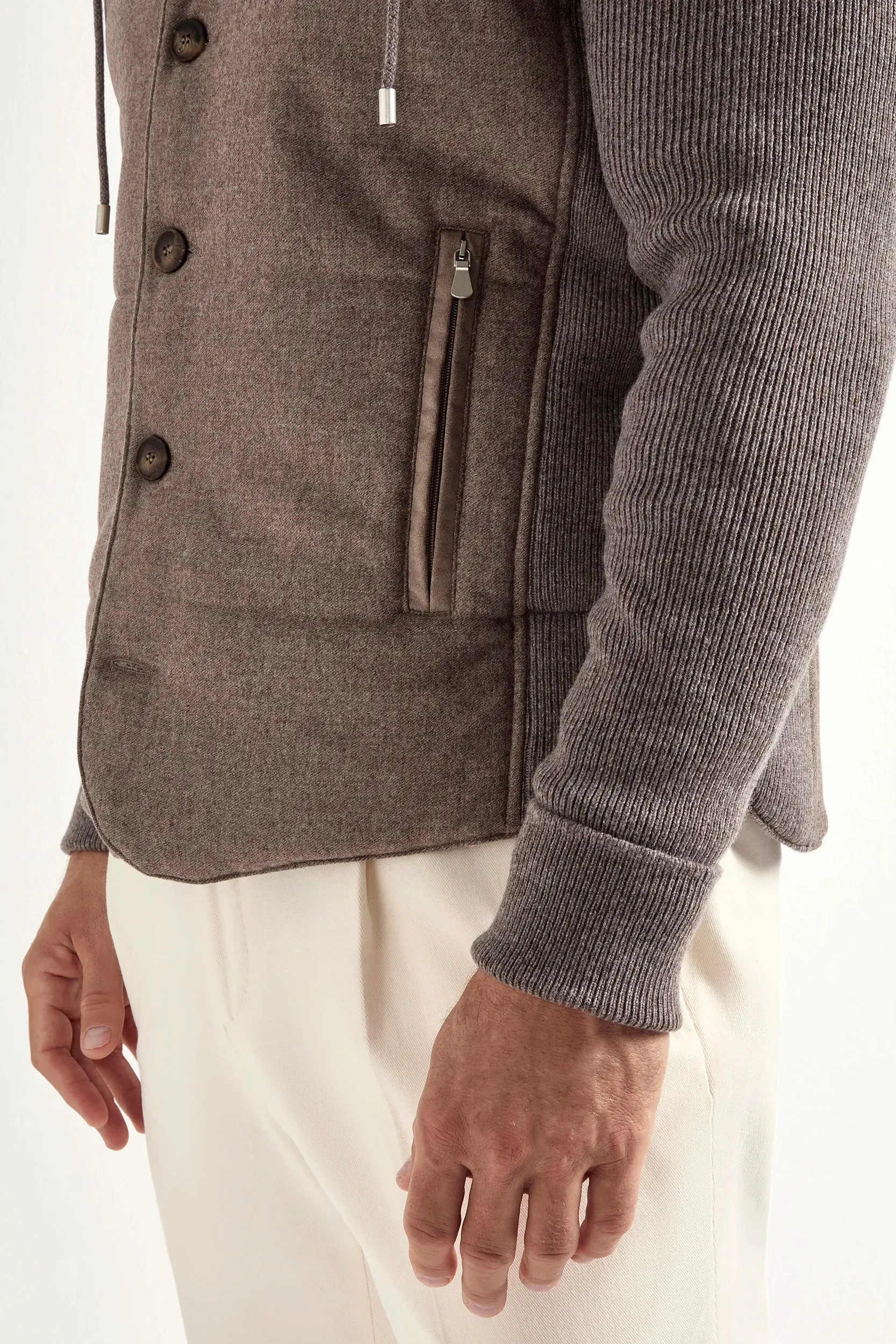 EasyClean Coating Taupe flannel and knit hooded jacket - Made in Italy