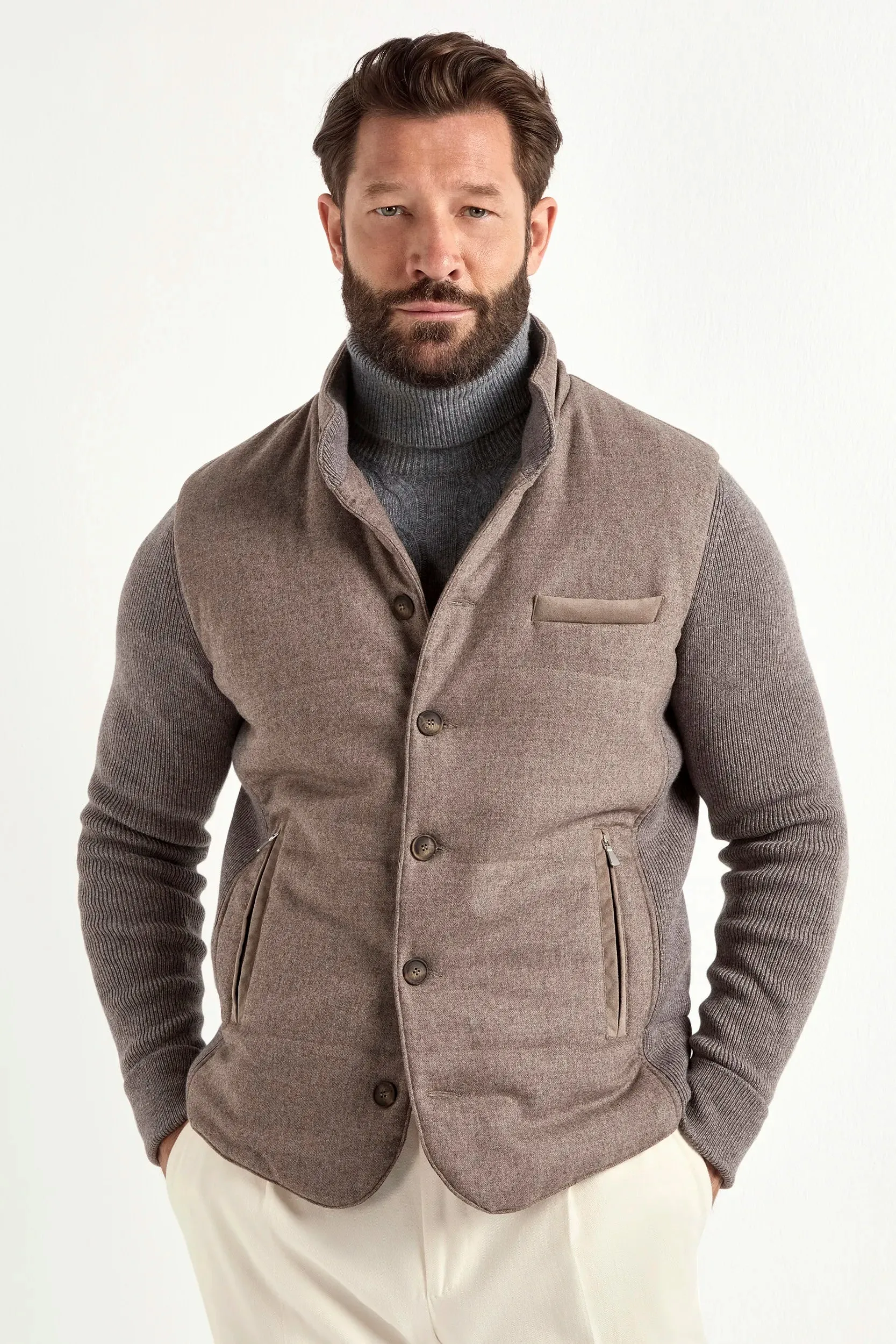 Taupe flannel and knit hooded jacket - Made in Italy Glow In The Dark Accents Ergonomic Silhouette