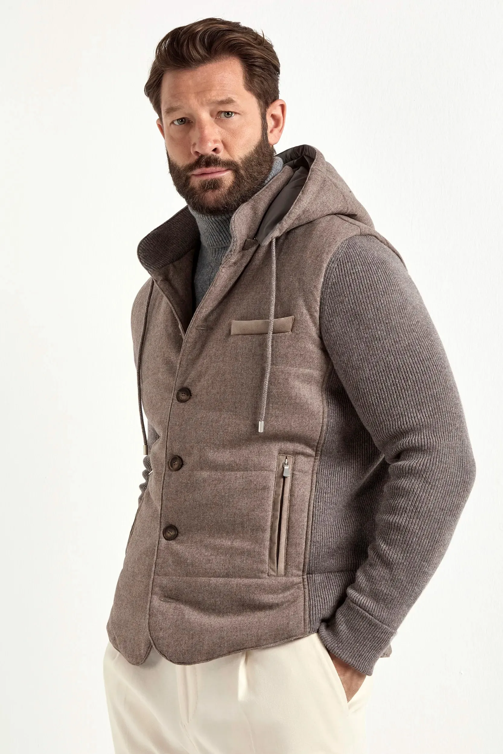 Travel Fit Taupe flannel and knit hooded jacket - Made in Italy