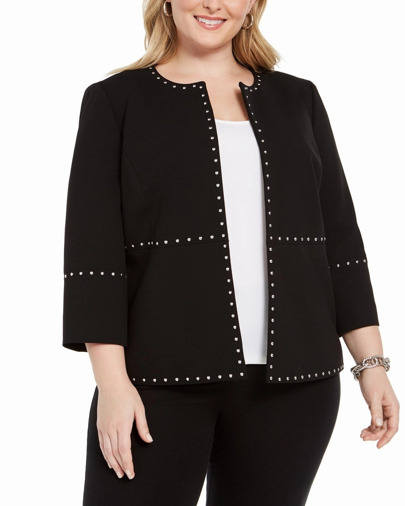 Kasper Women's Plus Size Stud-Trim Open-Front Jacket Black Size Extra Large | Black sun resistant YKK Zipper Quality