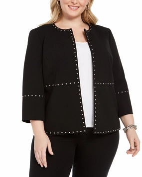 Kasper Women's Plus Size Stud-Trim Open-Front Jacket Black Size Extra Large | Black sun resistant YKK Zipper Quality