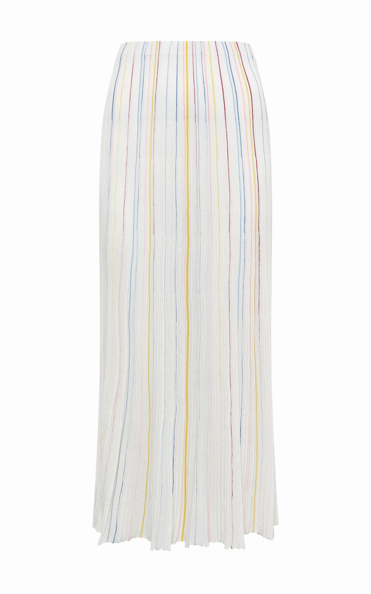 Outfit Shot Polished Fit Celeano Pinstripe Knit Midi Skirt in Ivory Multi Merino Wool