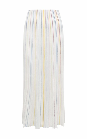 Outfit Shot Polished Fit Celeano Pinstripe Knit Midi Skirt in Ivory Multi Merino Wool