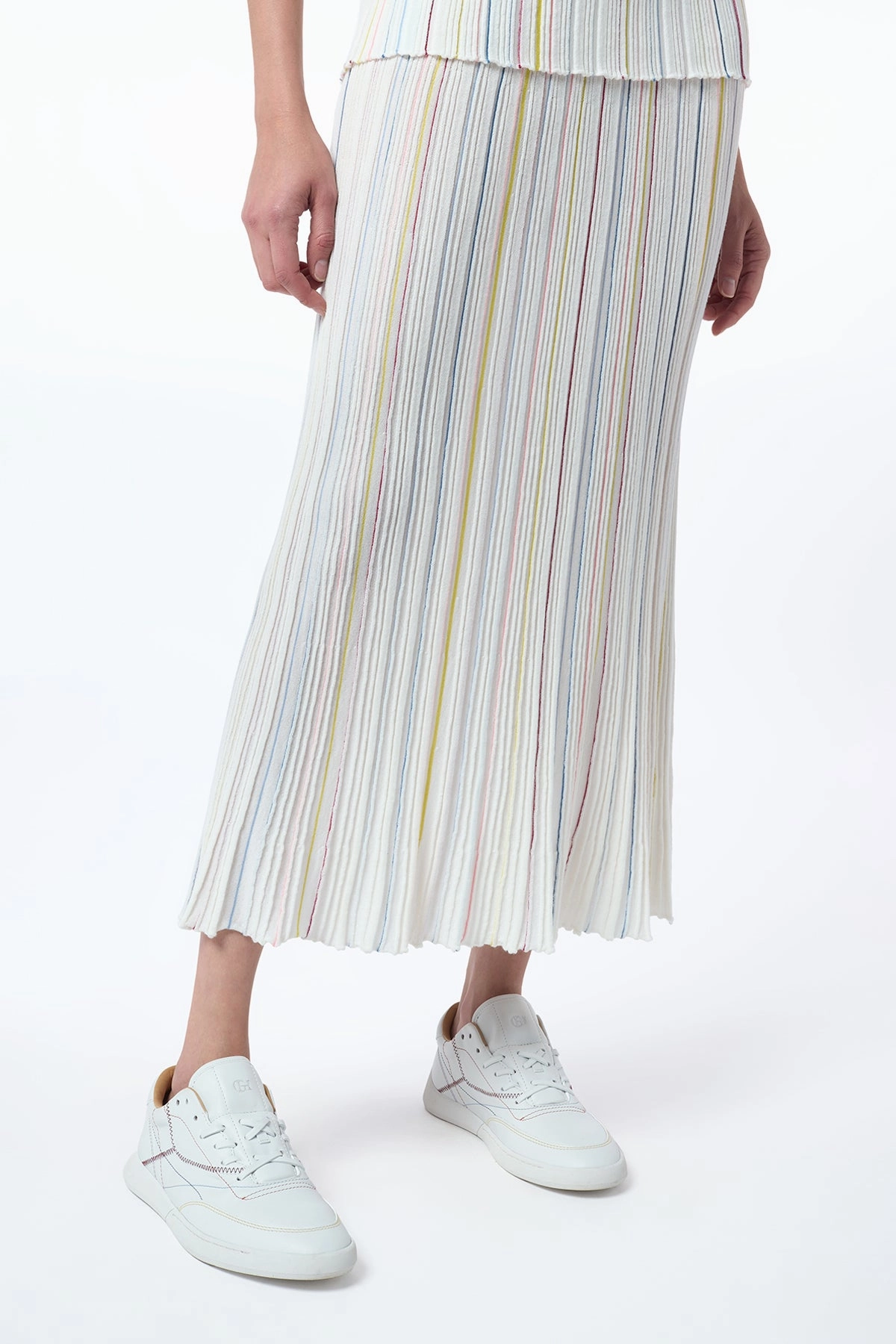Celeano Pinstripe Knit Midi Skirt in Ivory Multi Merino Wool Contemporary Mood