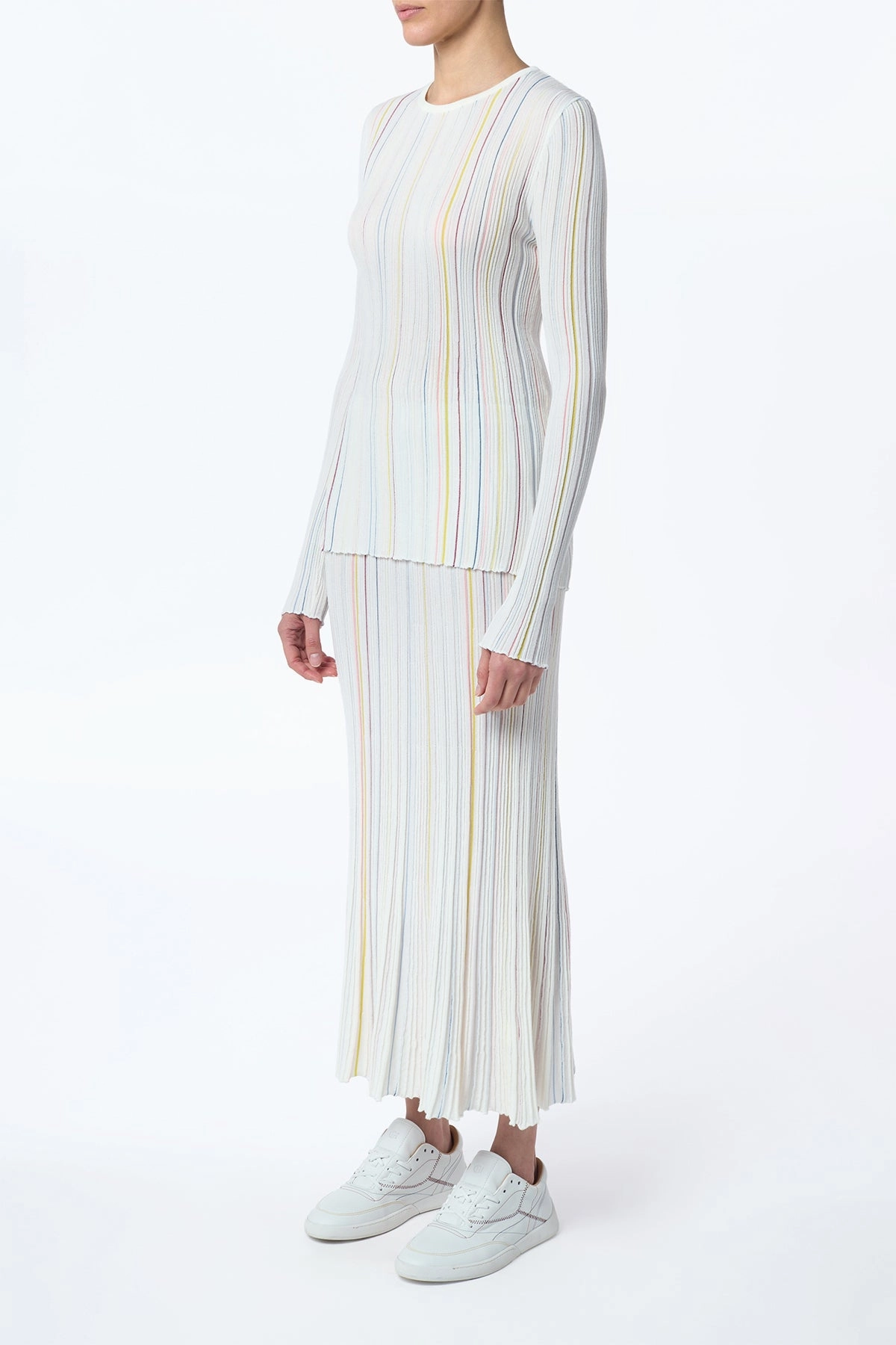 Subtle Detail Quick Fit Celeano Pinstripe Knit Midi Skirt in Ivory Multi Merino Wool