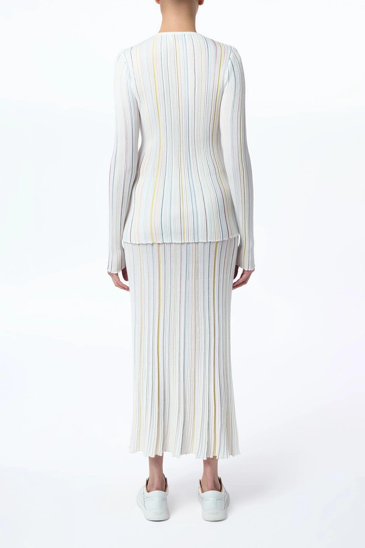 Celeano Pinstripe Knit Midi Skirt in Ivory Multi Merino Wool Everyday Vibe Luxury Feel