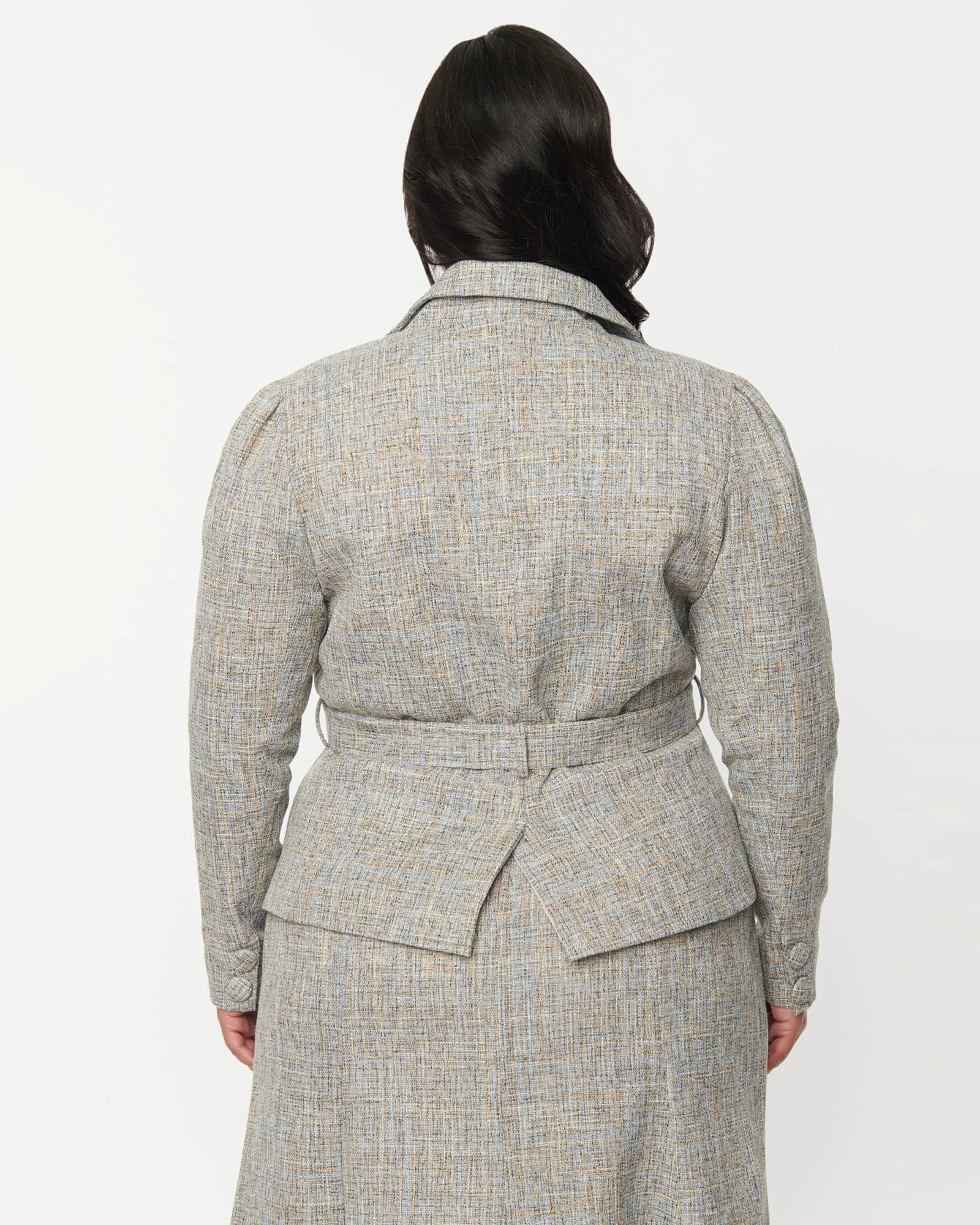 Elastic waist Warm Comfort Unique Vintage Beige & Baby Blue Tweed Belted Jacket | Beige/Baby Blue