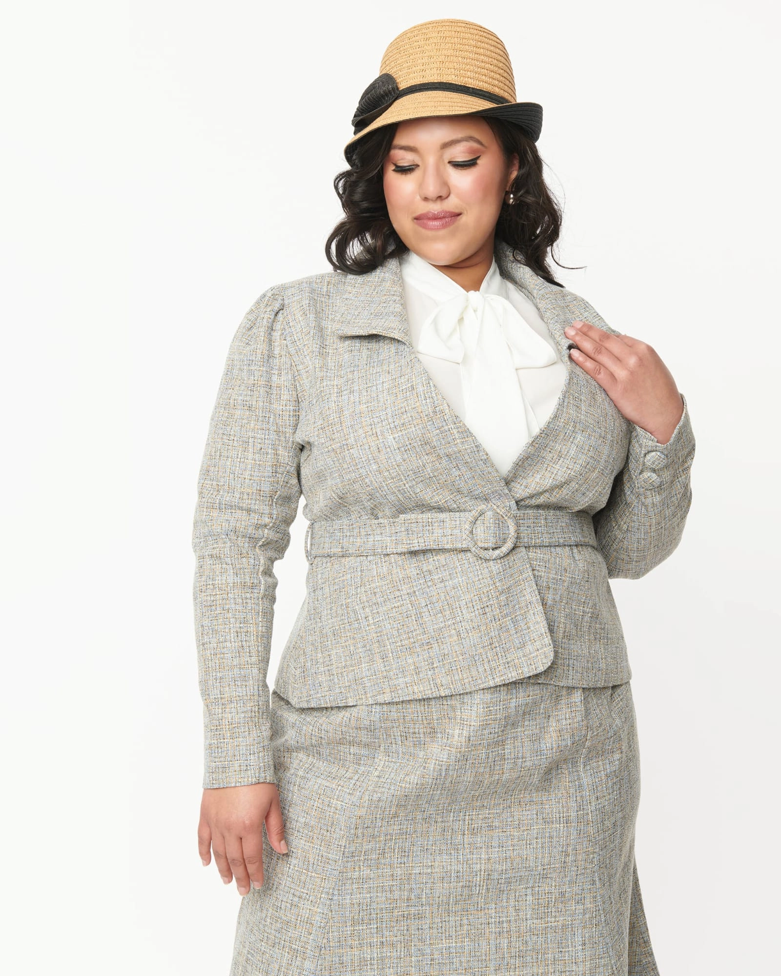 Adventure Layer baristas Unique Vintage Beige & Baby Blue Tweed Belted Jacket | Beige/Baby Blue