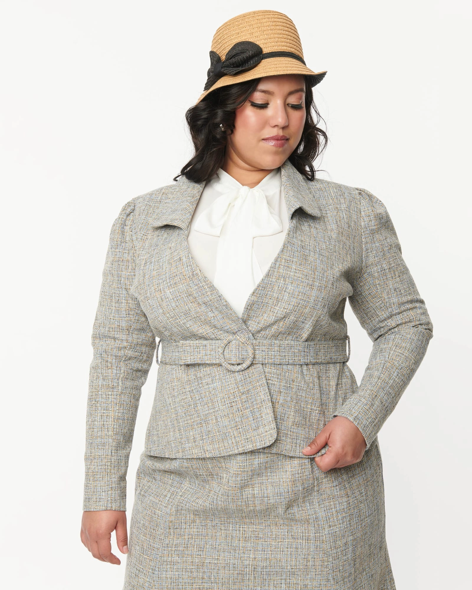 Unique Vintage Beige & Baby Blue Tweed Belted Jacket | Beige/Baby Blue MultiPocketDesign