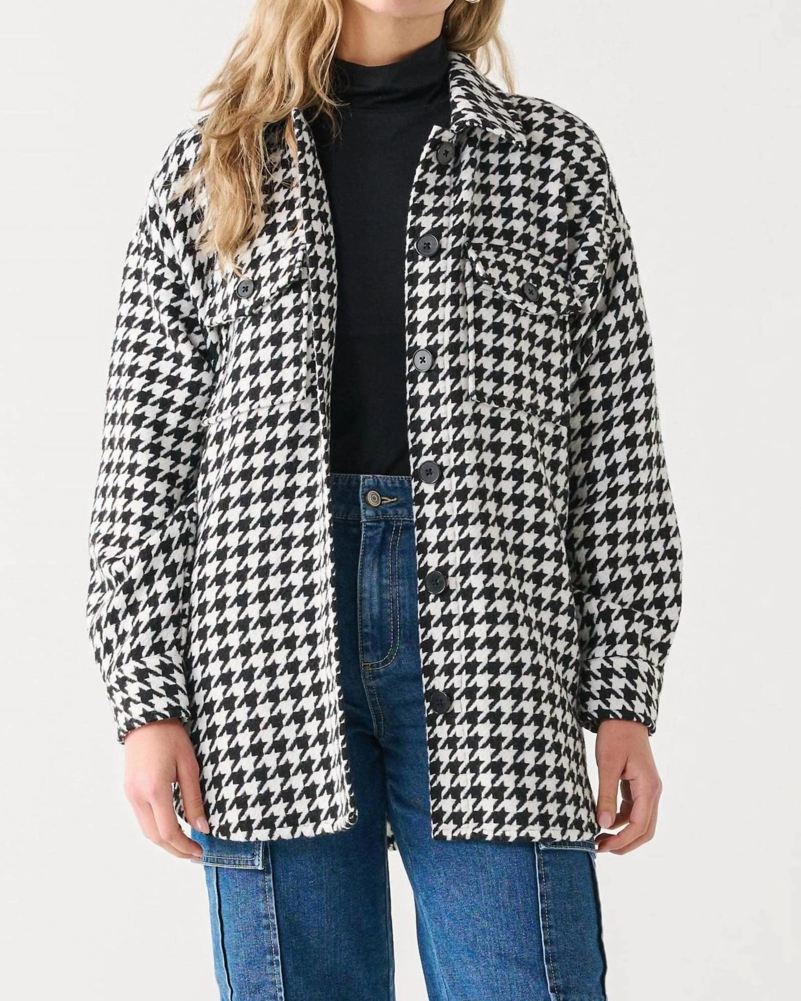 Houndstooth Button-Up Shacket in Black/White | Black/White Softshell Material Chain