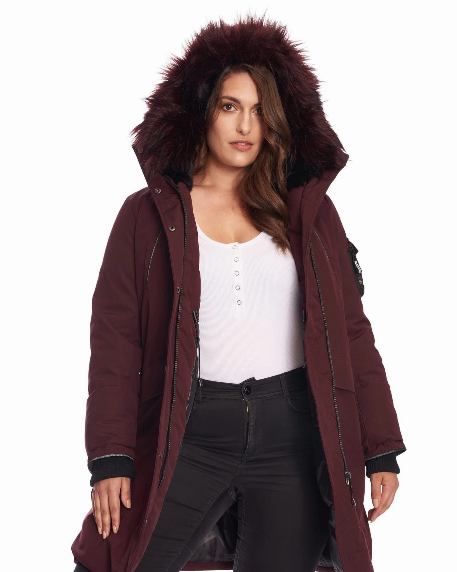 Wrinkle-Resistant LAURENTIAN | Vegan Down Recycled Long Parka Winter With Faux Fur Hood | Grape