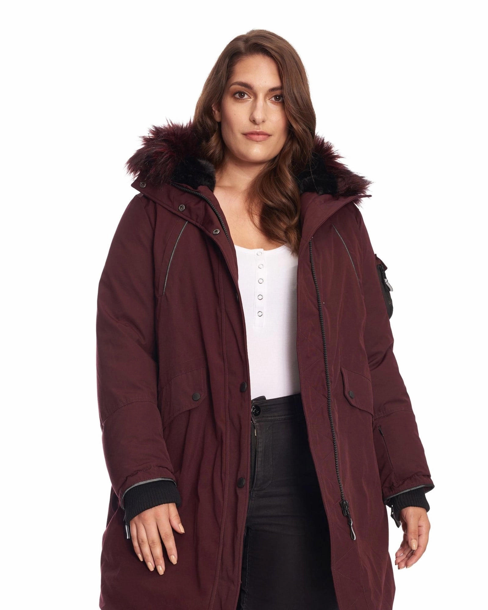 Double Layer Design suitable for work uniforms LAURENTIAN | Vegan Down Recycled Long Parka Winter With Faux Fur Hood | Grape