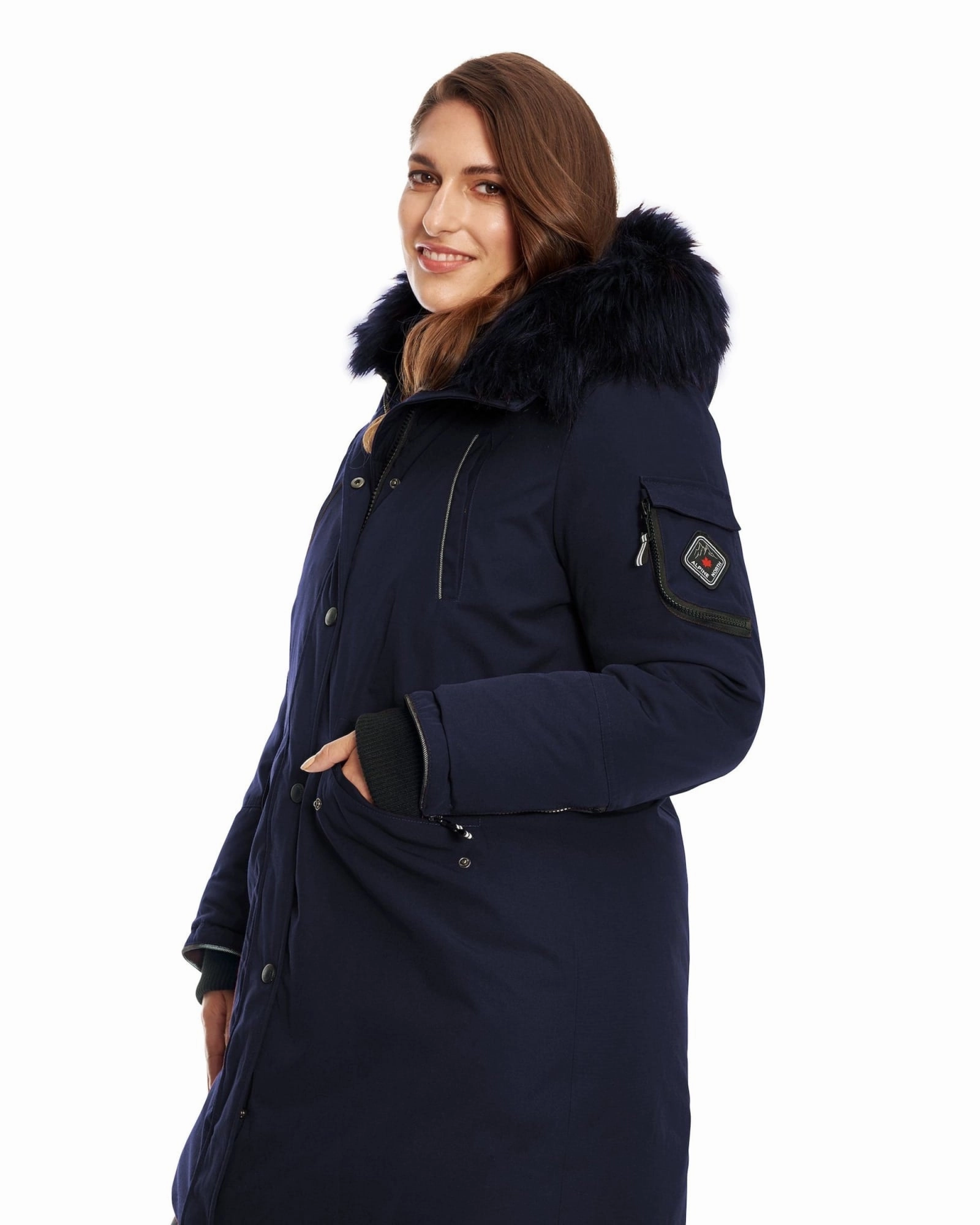 LAURENTIAN | Vegan Down Recycled Long Parka Winter With Faux Fur Hood | Navy Spread ReflectiveDetailing