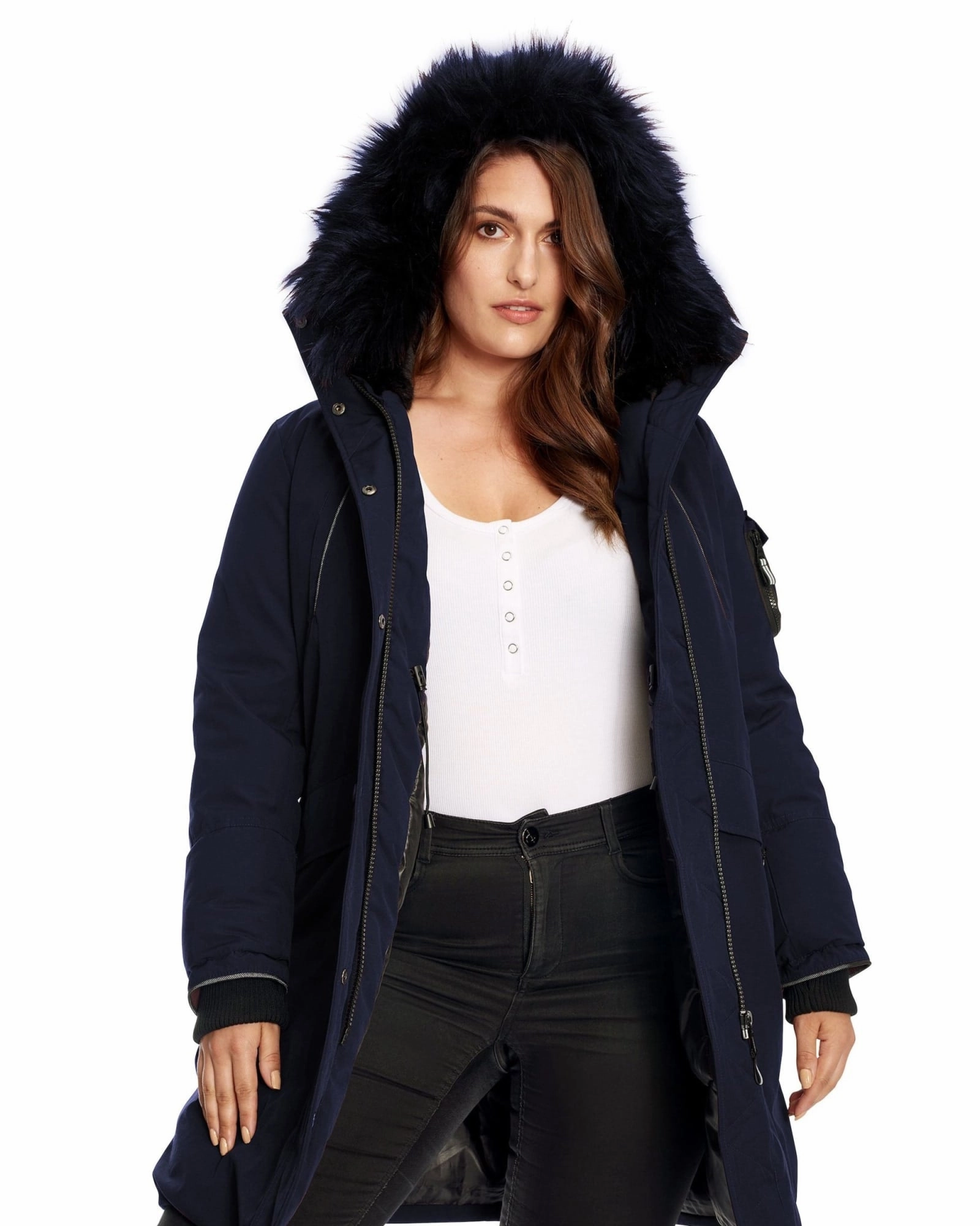 Cozy Design LAURENTIAN | Vegan Down Recycled Long Parka Winter With Faux Fur Hood | Navy
