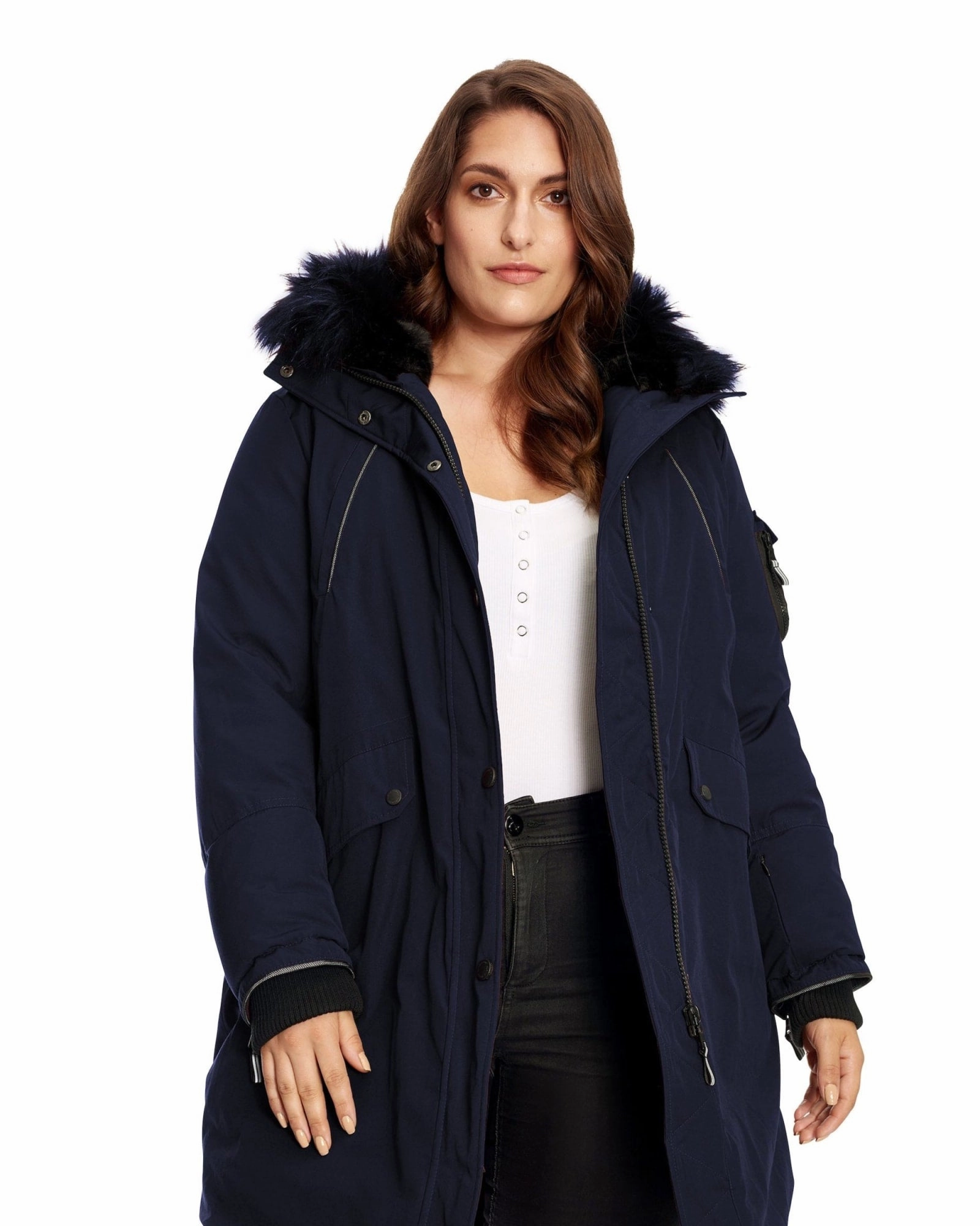 Smart Non Irritating Lining LAURENTIAN | Vegan Down Recycled Long Parka Winter With Faux Fur Hood | Navy