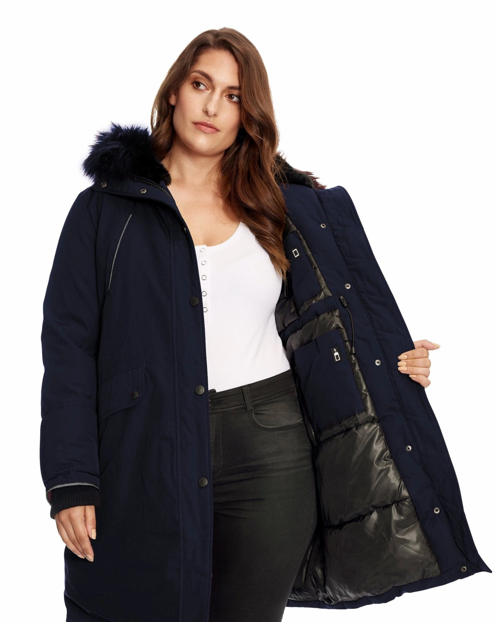 LAURENTIAN | Vegan Down Recycled Long Parka Winter With Faux Fur Hood | Navy cruelty - free