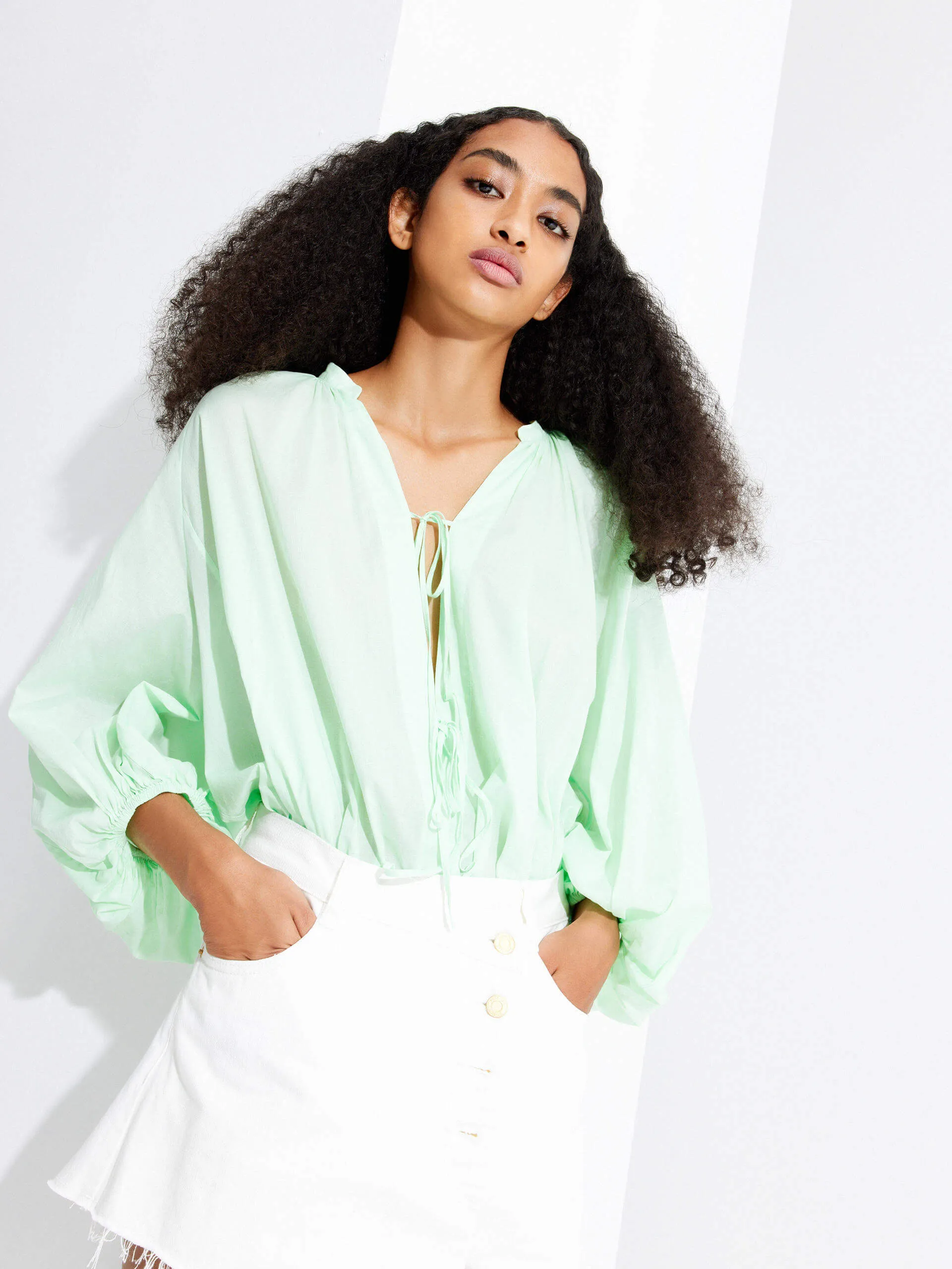 Strap Tie Detail Cotton Shirt Versatile Design Solid Hue