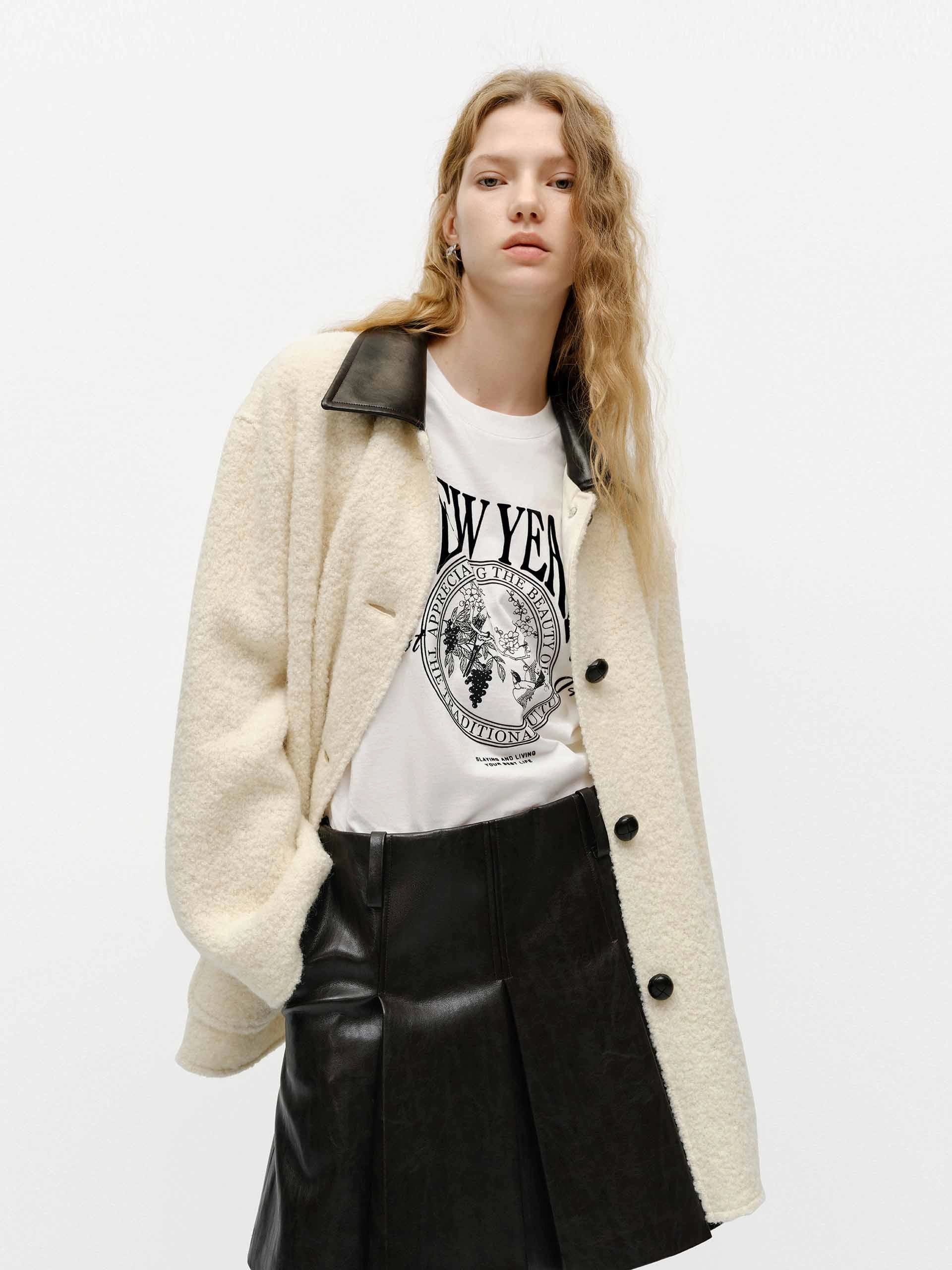 Softshell Fabric Leather Collar Midi Coat