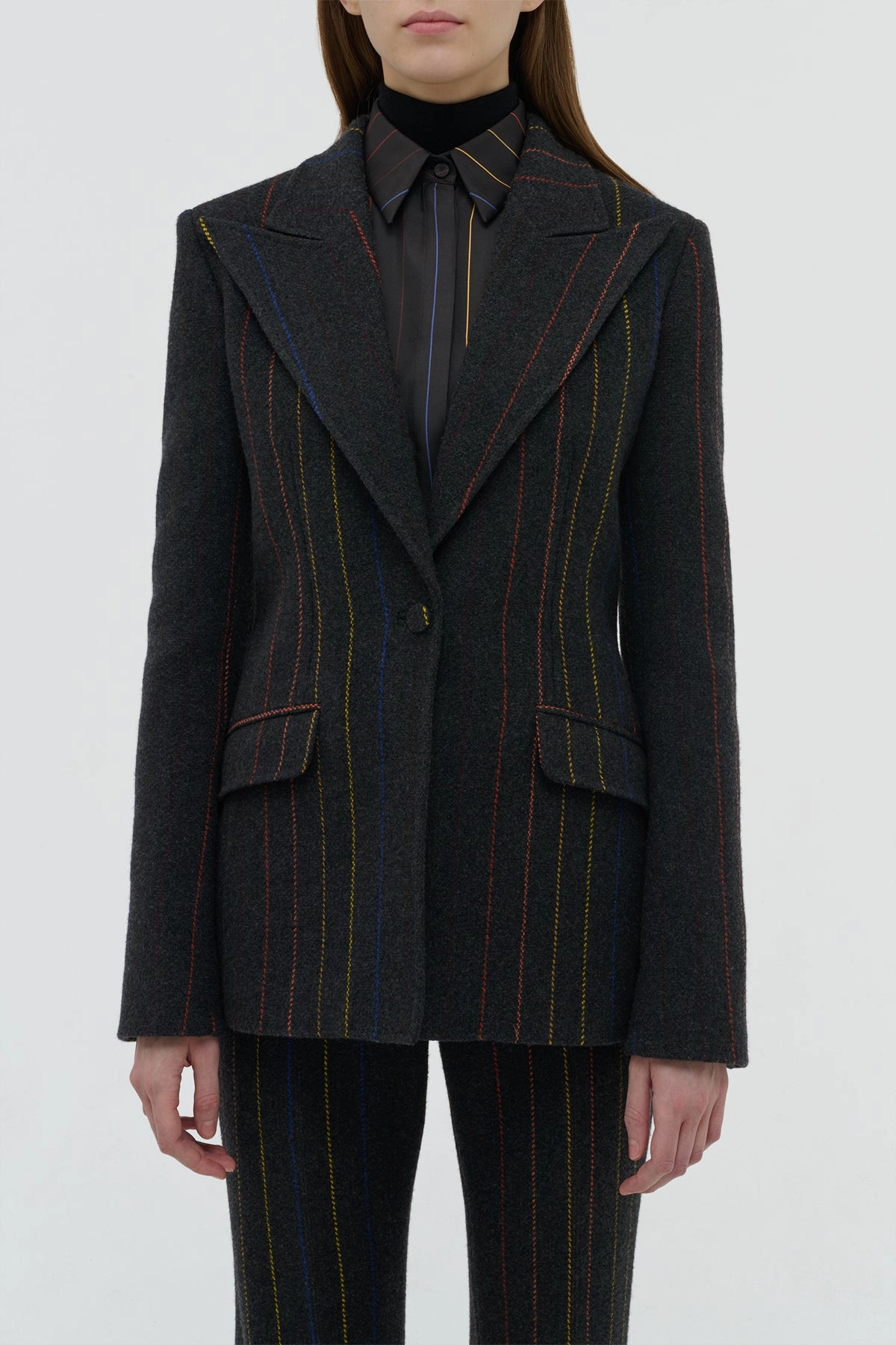 Flattering Tailoring Premium Tailored Look Leiva Blazer in Charcoal Multi Pinstripe Wool Cashmere