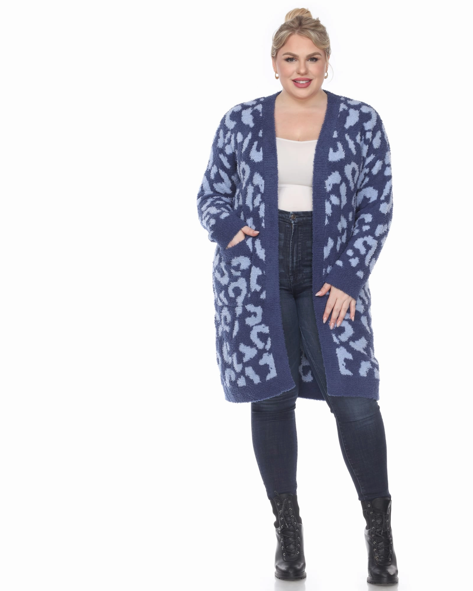 Leopard Print Open Front Sherpa Coat | Navy/Light Blue Lightweight insulation Halloween