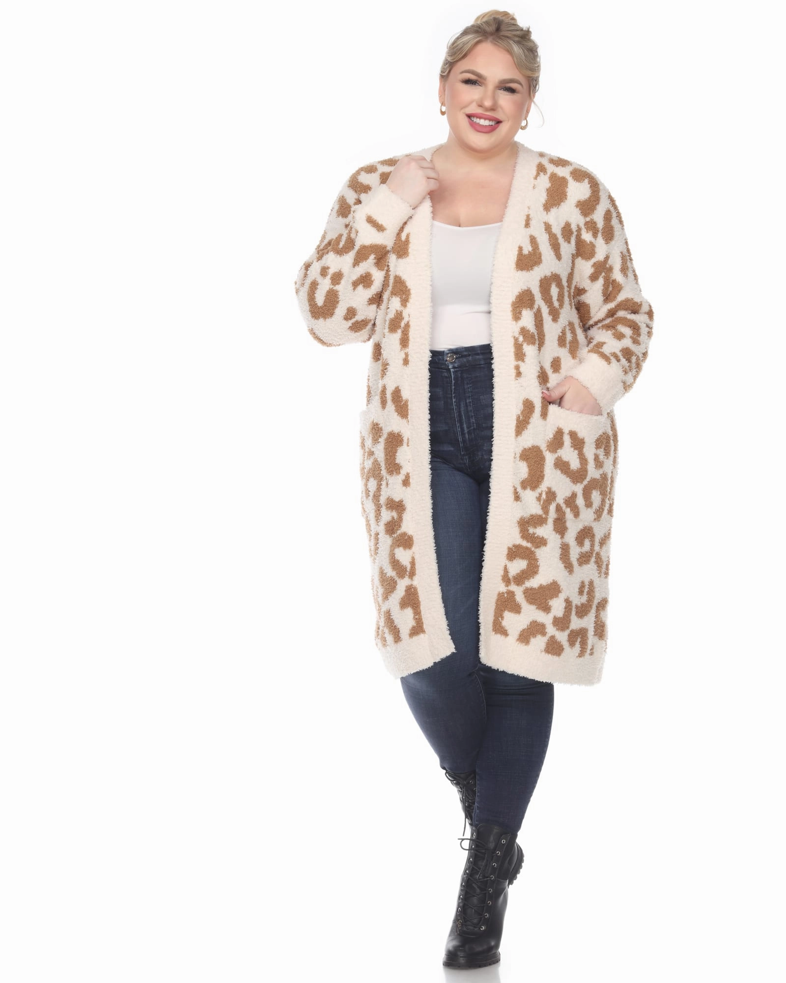 sunrise Leopard Print Open Front Sherpa Coat | Tan Leopard