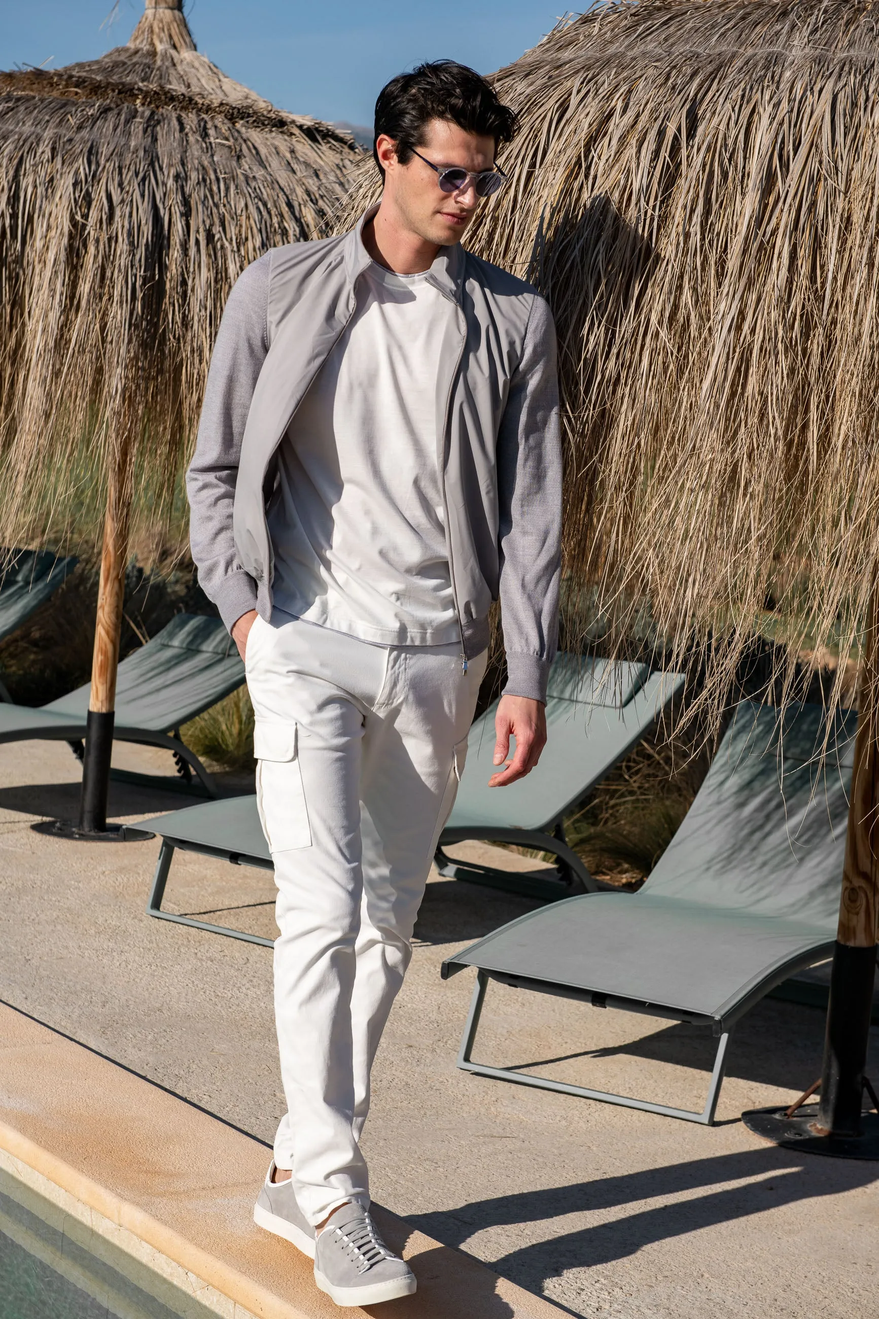 Smart Casual Light grey knit & nylon bomber jacket ?C Made in Italy