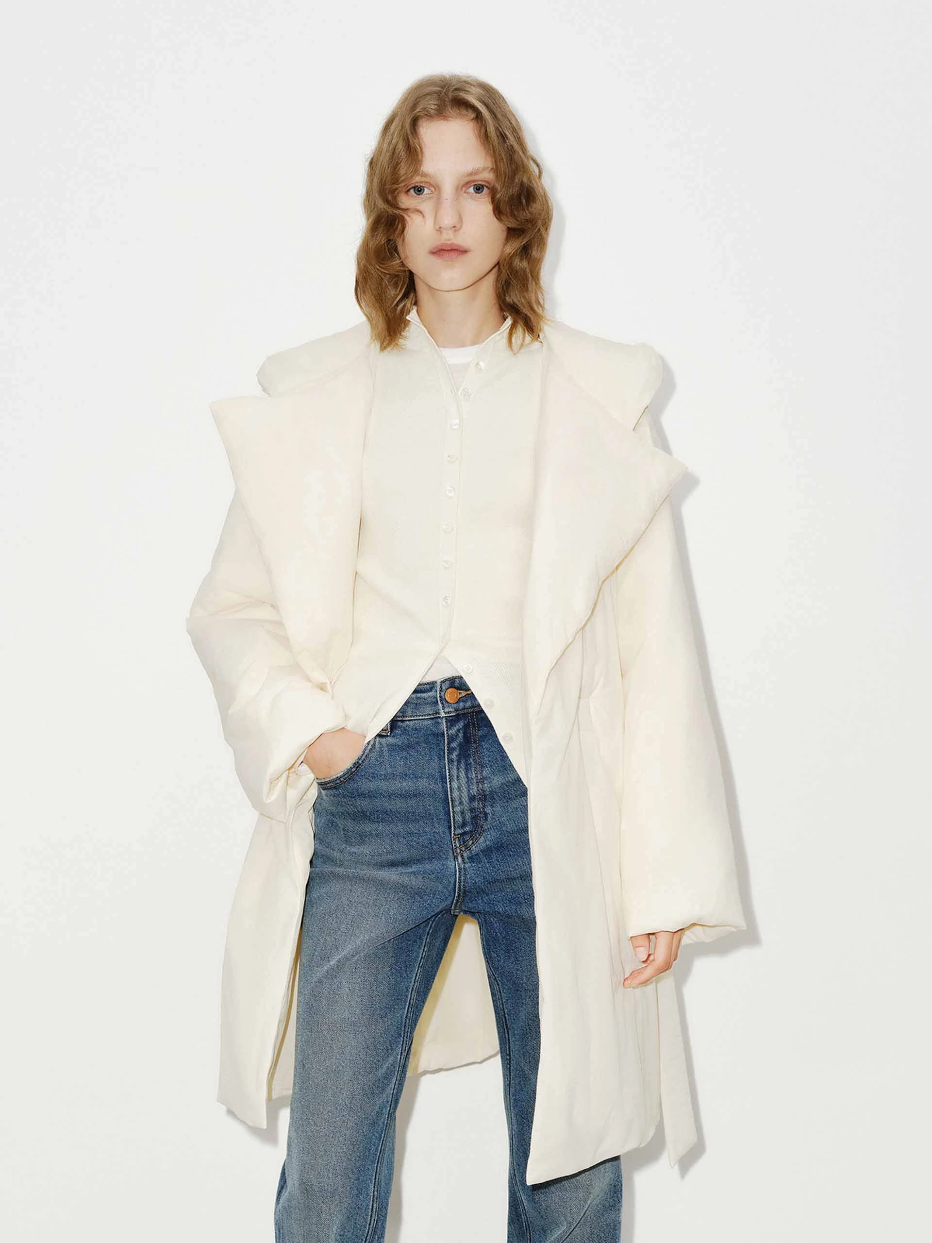 Hood Quilted Jacket with Belted Multi Pocket RibbedKnitCollar