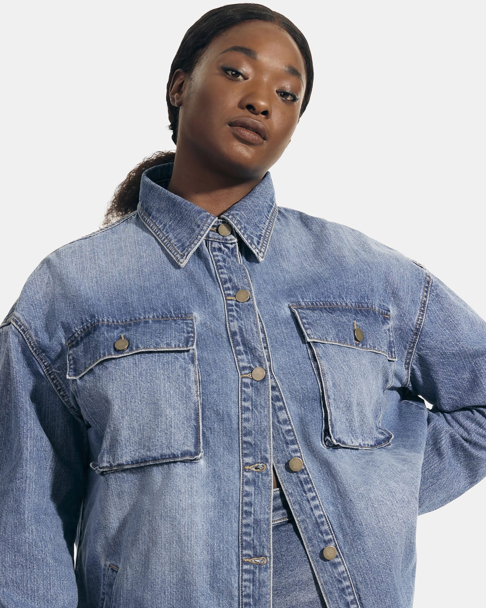 Weather Ease High Collar Fit Plus Size Danica Denim Chore Jacket | Dark Wash