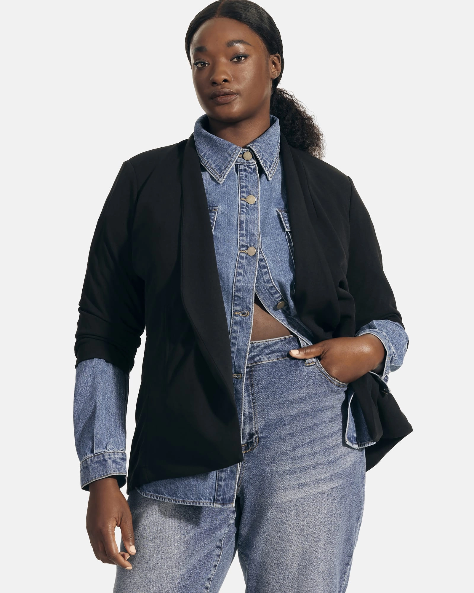 Plus Size Danica Denim Chore Jacket | Dark Wash Ergonomic Sleeves