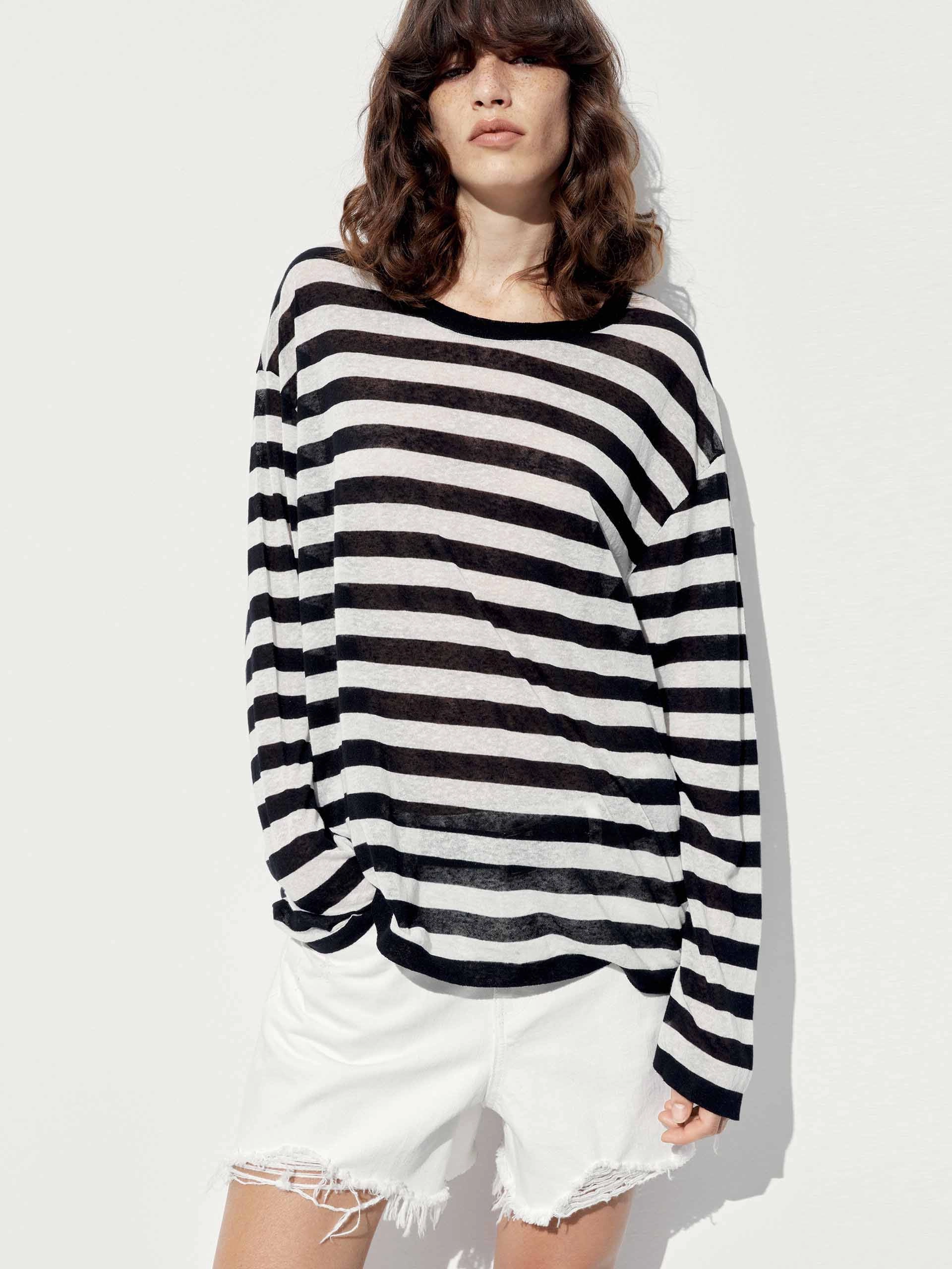 Minimal Design Linen Blend Striped Sweater