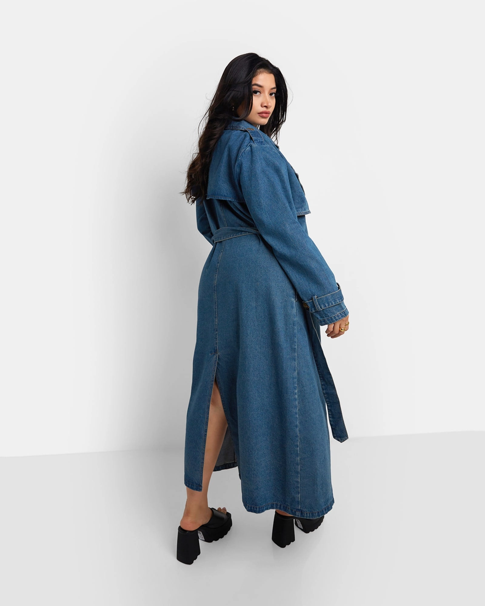 Livie Denim Longline Trench Coat - Medium Blue | Blue Service