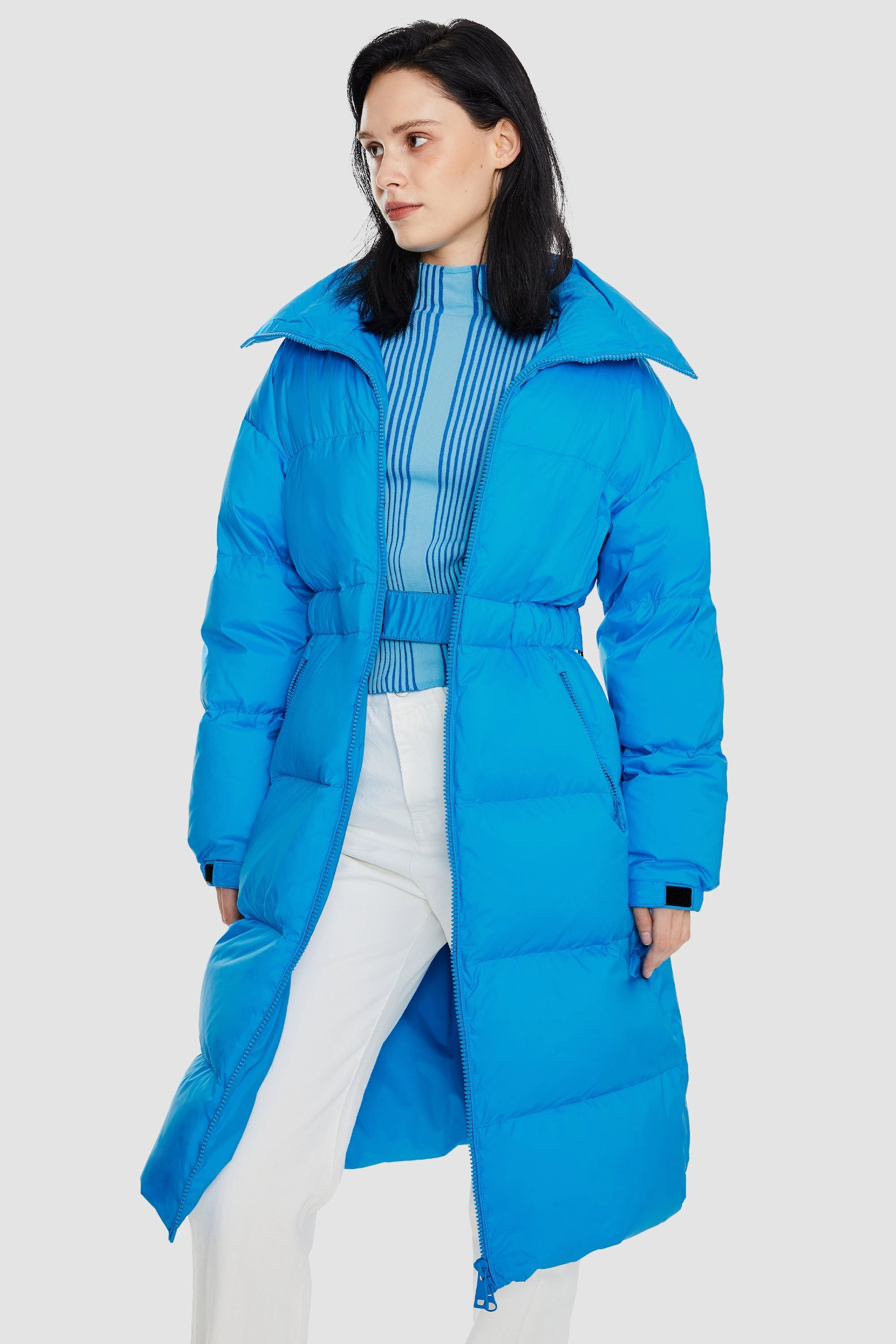 Long Down Puffer Jacket with Velcro Belt FoldableStructure Hypoallergenic Textile