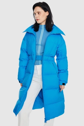 Long Down Puffer Jacket with Velcro Belt FoldableStructure Hypoallergenic Textile