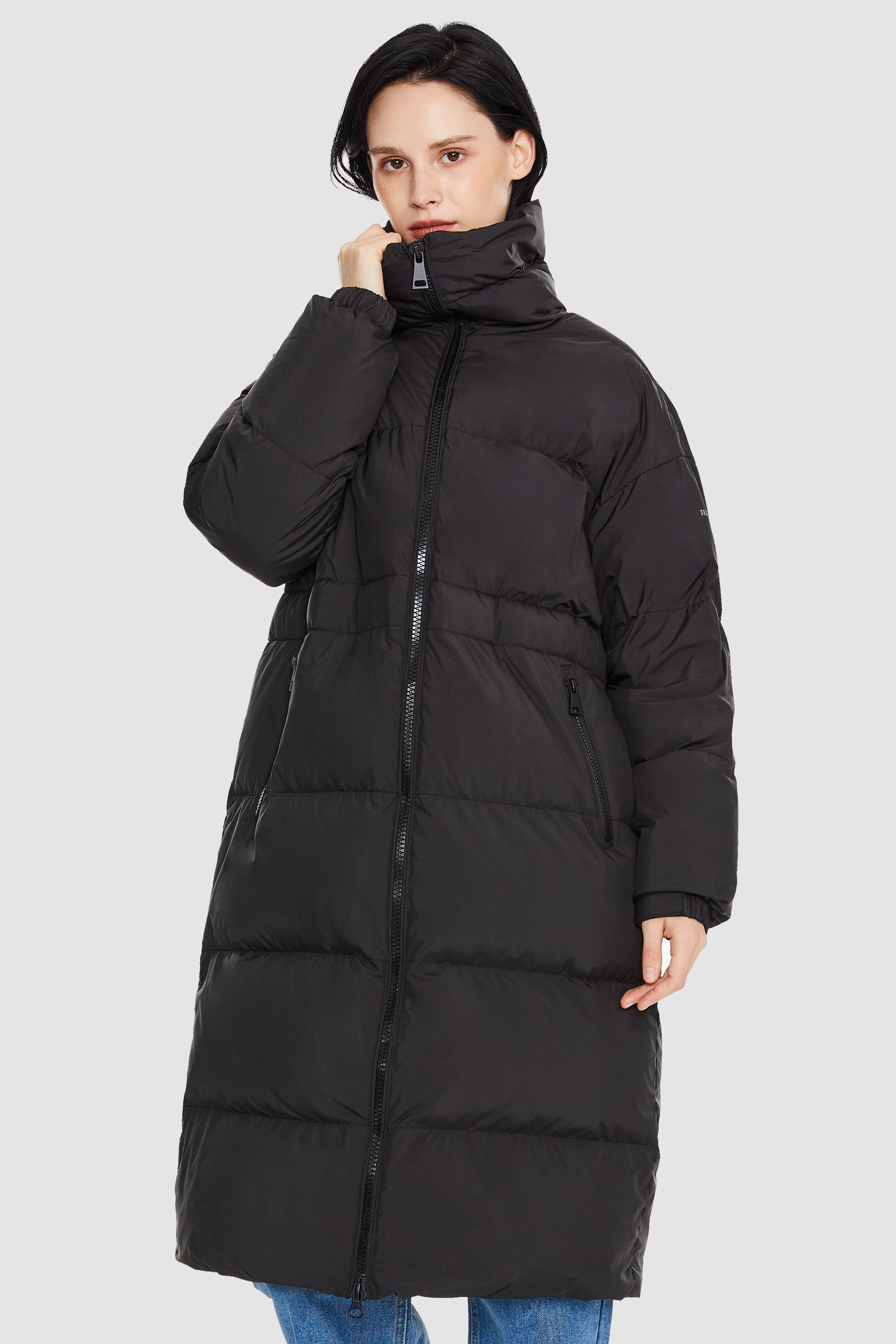 Long Down Puffer Jacket with Velcro Belt Taped Seams Reinforced Collar Structure