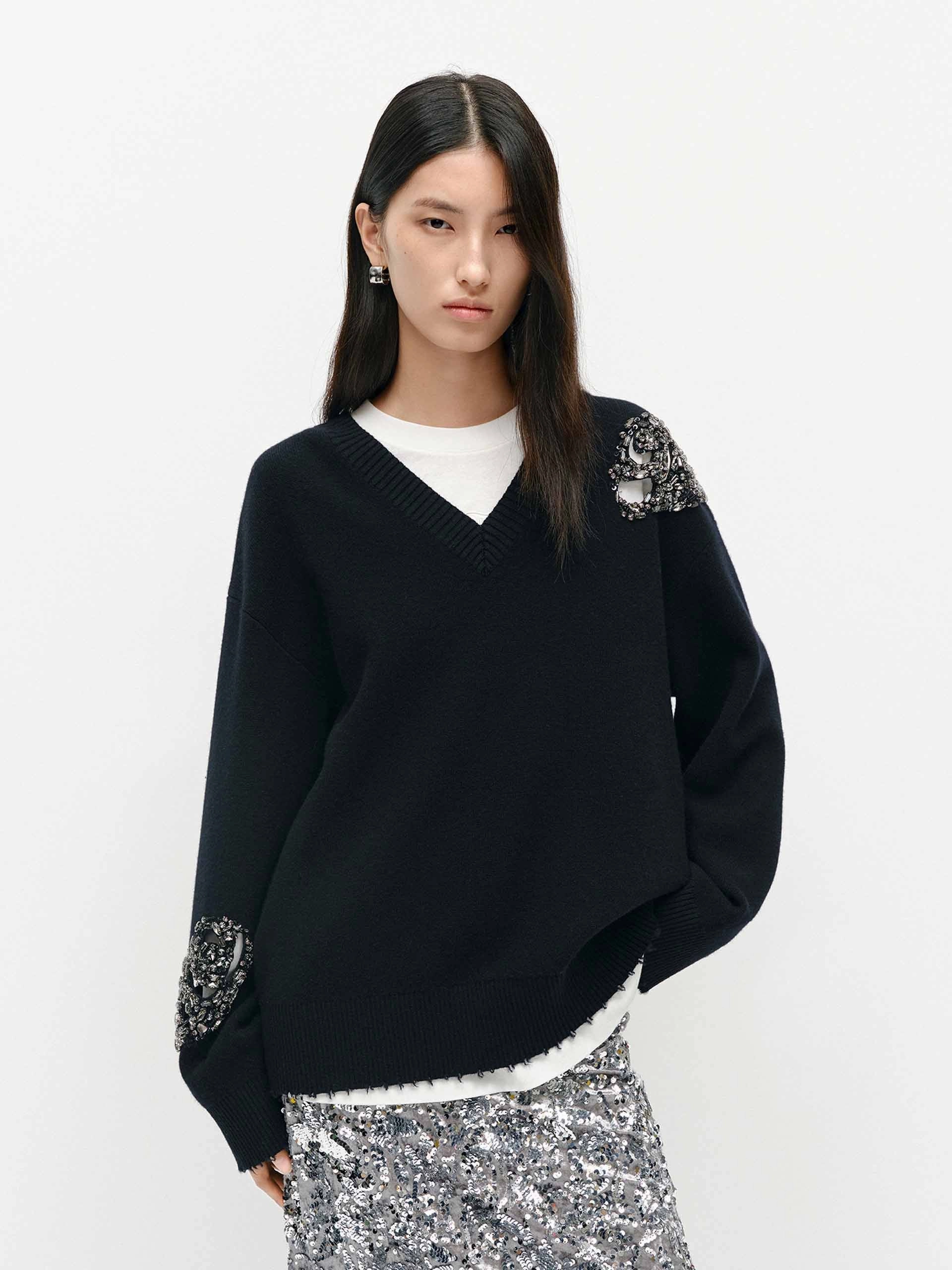 Stylish Wear Layered Design Crystal Detail Wool Sweater