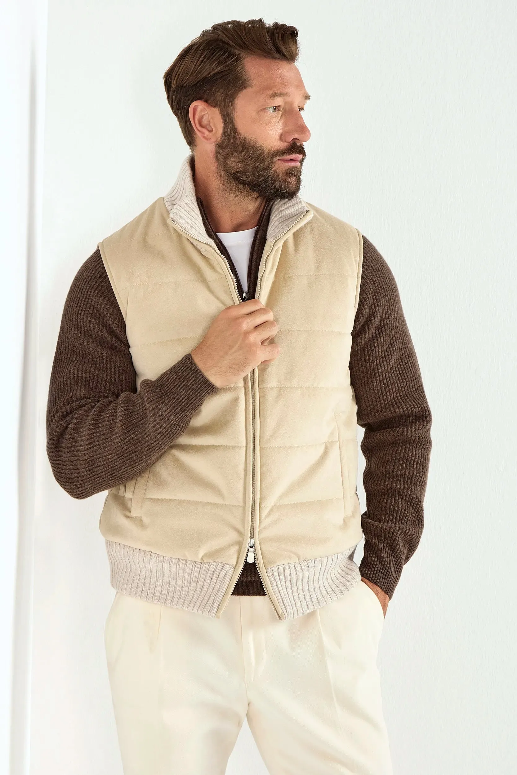 Soft Interior Brushing Sleek Utility Sand alcantara vest - Made in Italy