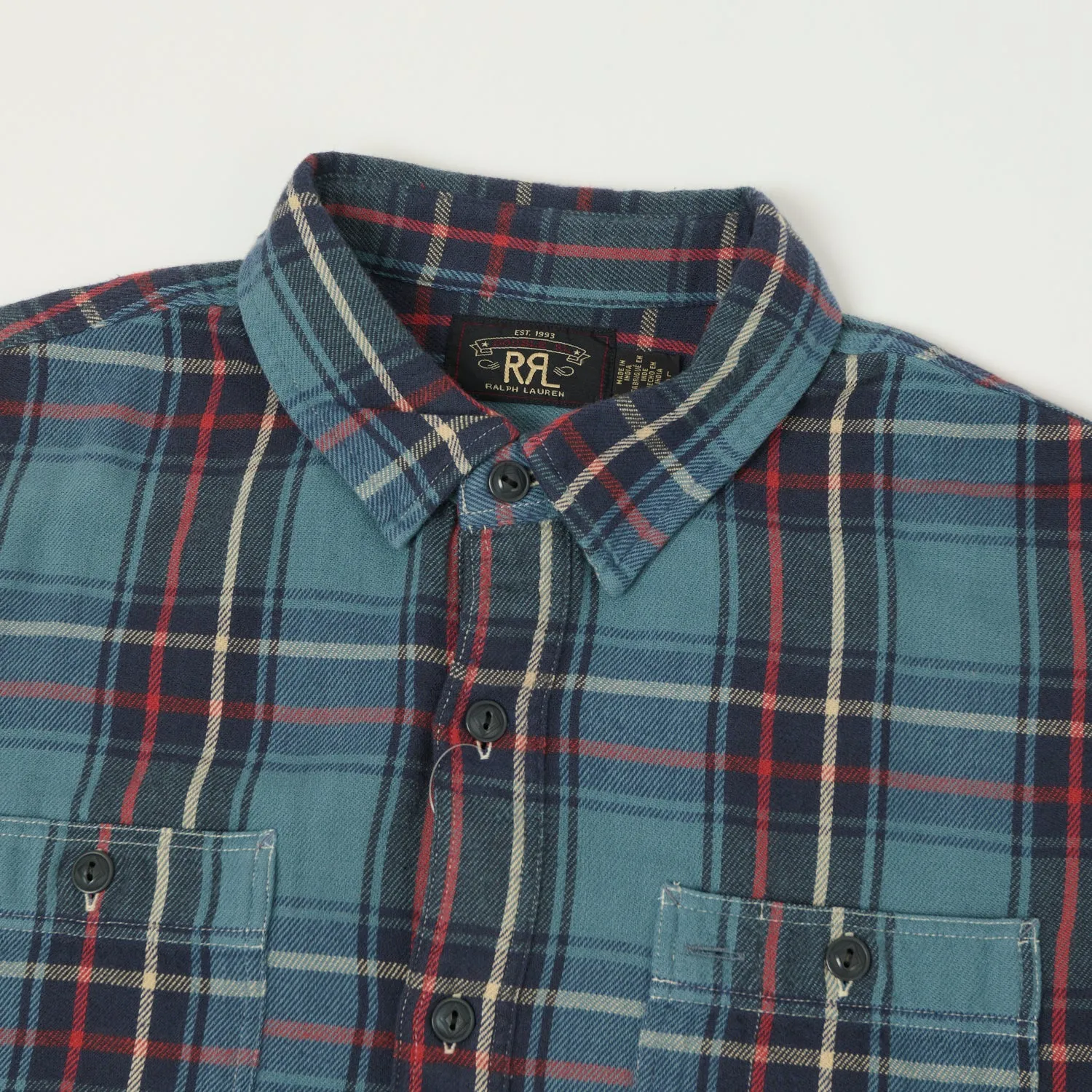 Athleisure Trend Sleek Silhouette RRL Plaid Twill Workshirt - Blue/Red