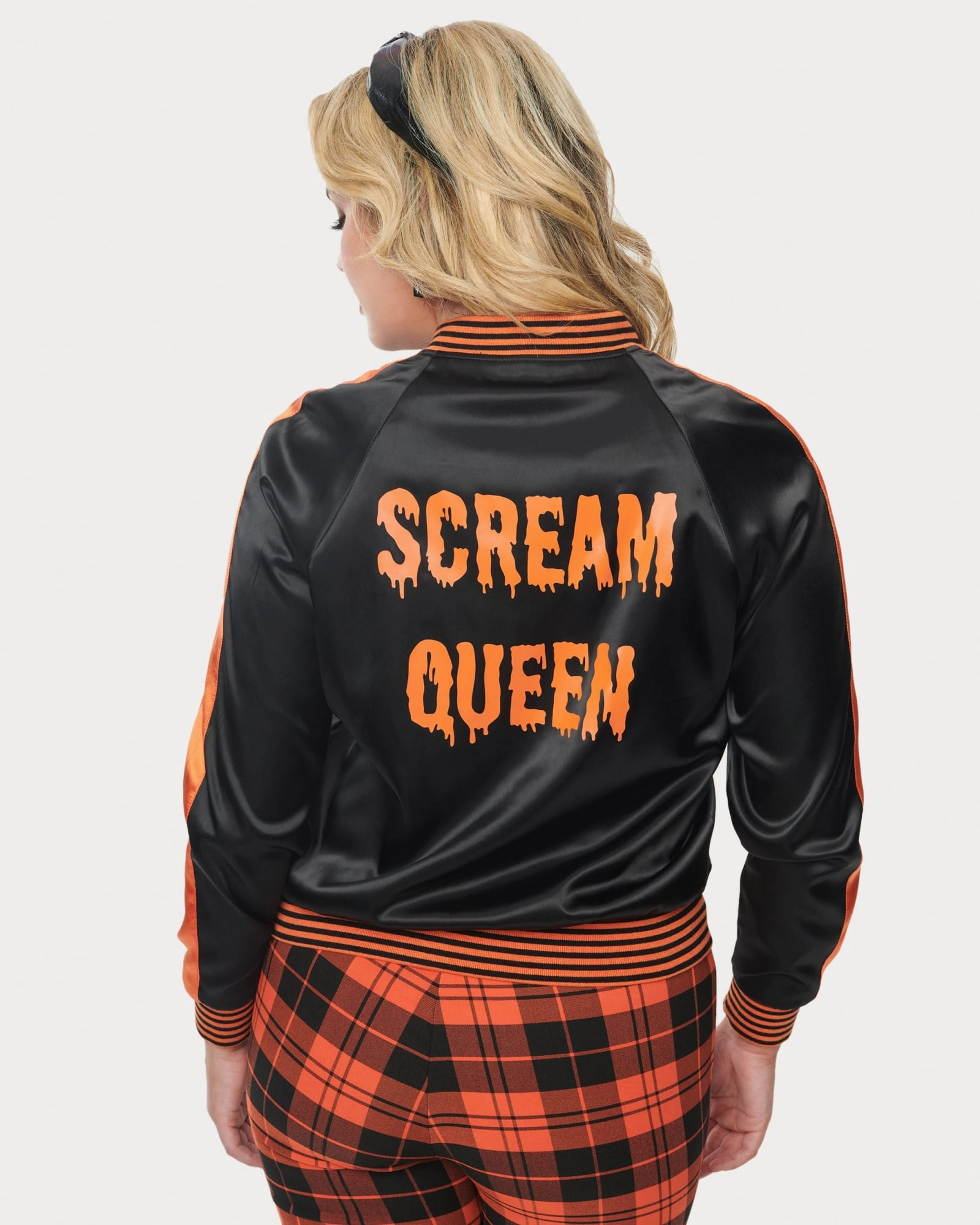 Work Layer Unique Vintage Black & Orange Scream Queen Satin Bomber Jacket | Black